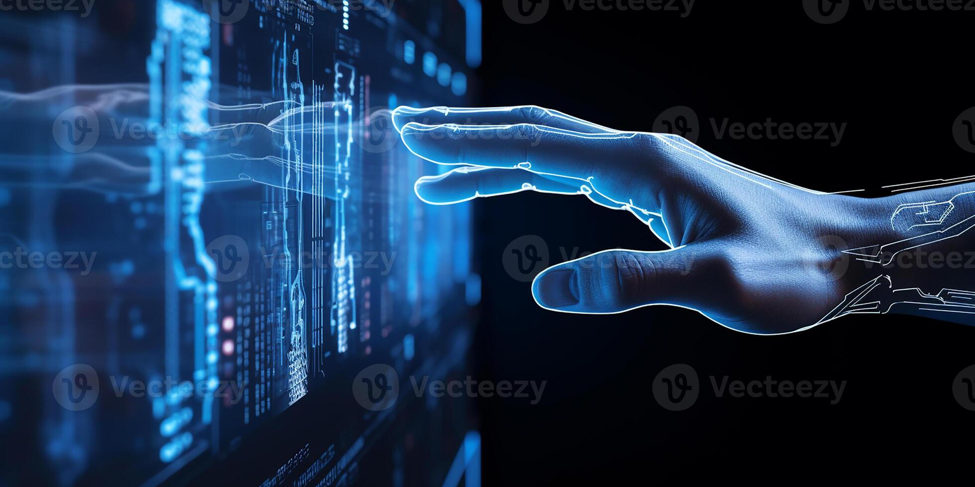 AI generated Digital hologram of a hand on a dark background. Interaction with artificial intelligence. photo