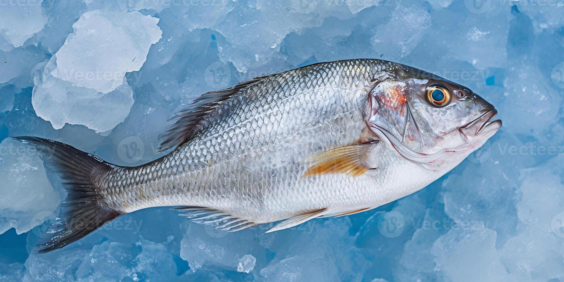 AI generated Photorealistic image of freshly caught sea fish on an ice bed photo