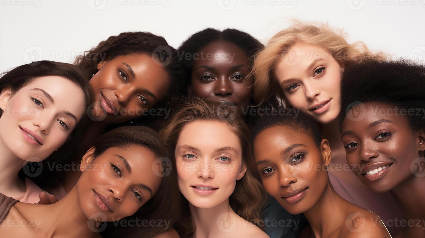 AI generated portrait of beautiful girls of different nationalities African, Asian, European models photo