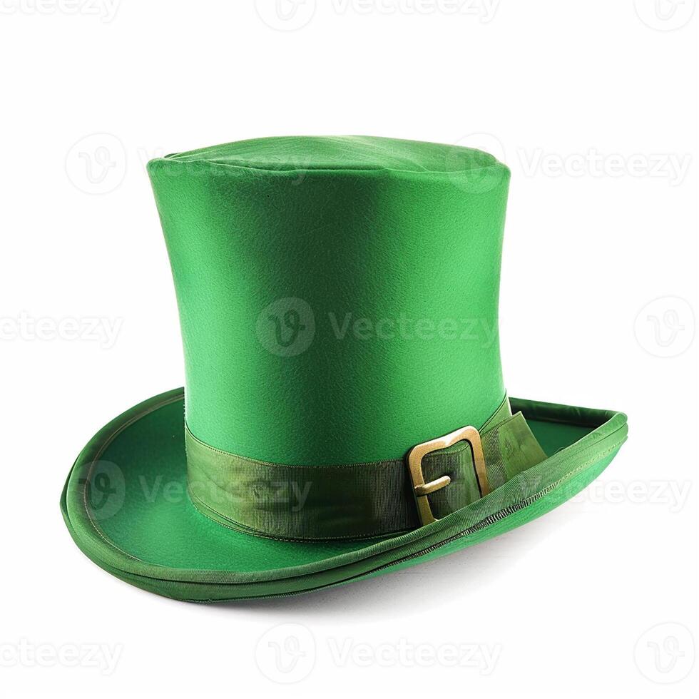 AI generated Illustration of a green leprechaun top hat with a green clover quatrefoil. Concept for St. Patrick's Day. Classic retro vintage top hat isolated on white background photo