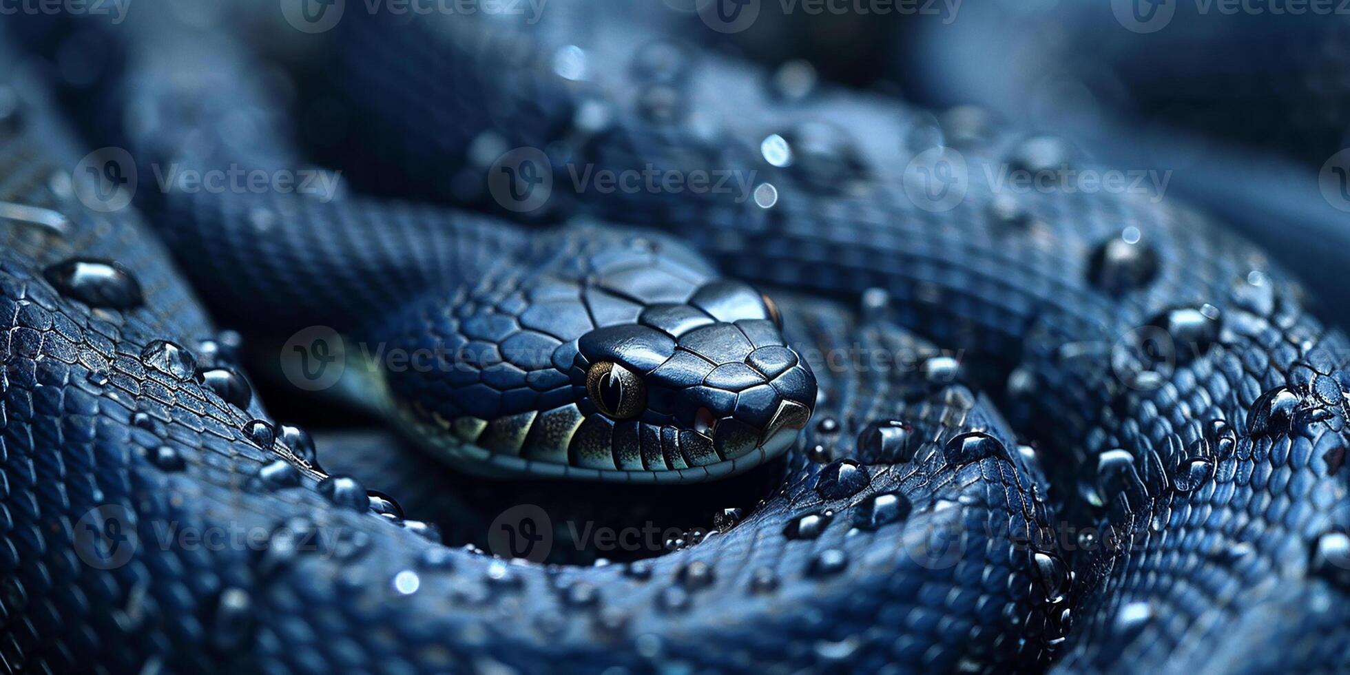 AI generated Close up image of a dark blue viper with water drops photo