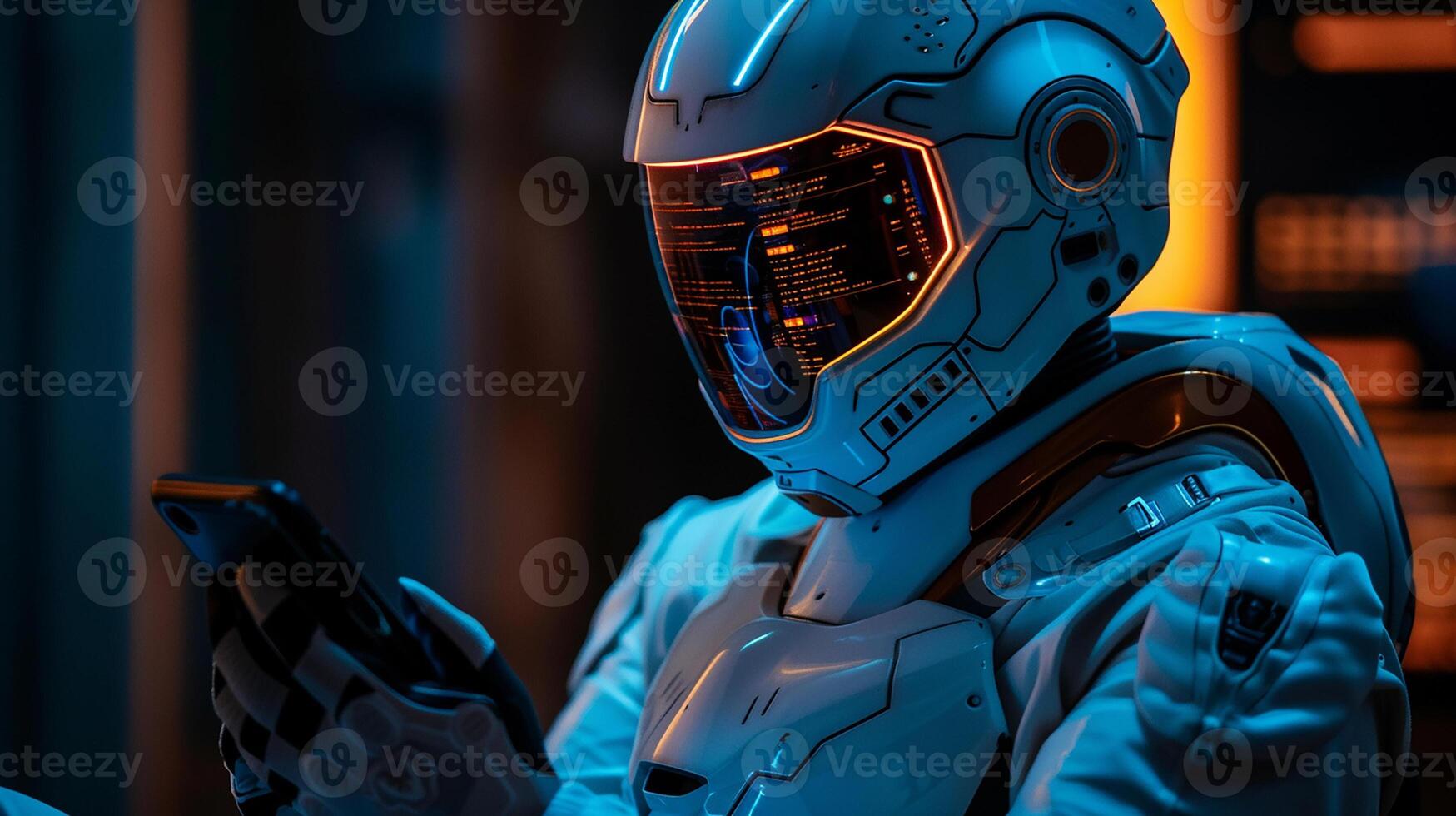 AI generated Humanoid robot uses a mobile phone. photo