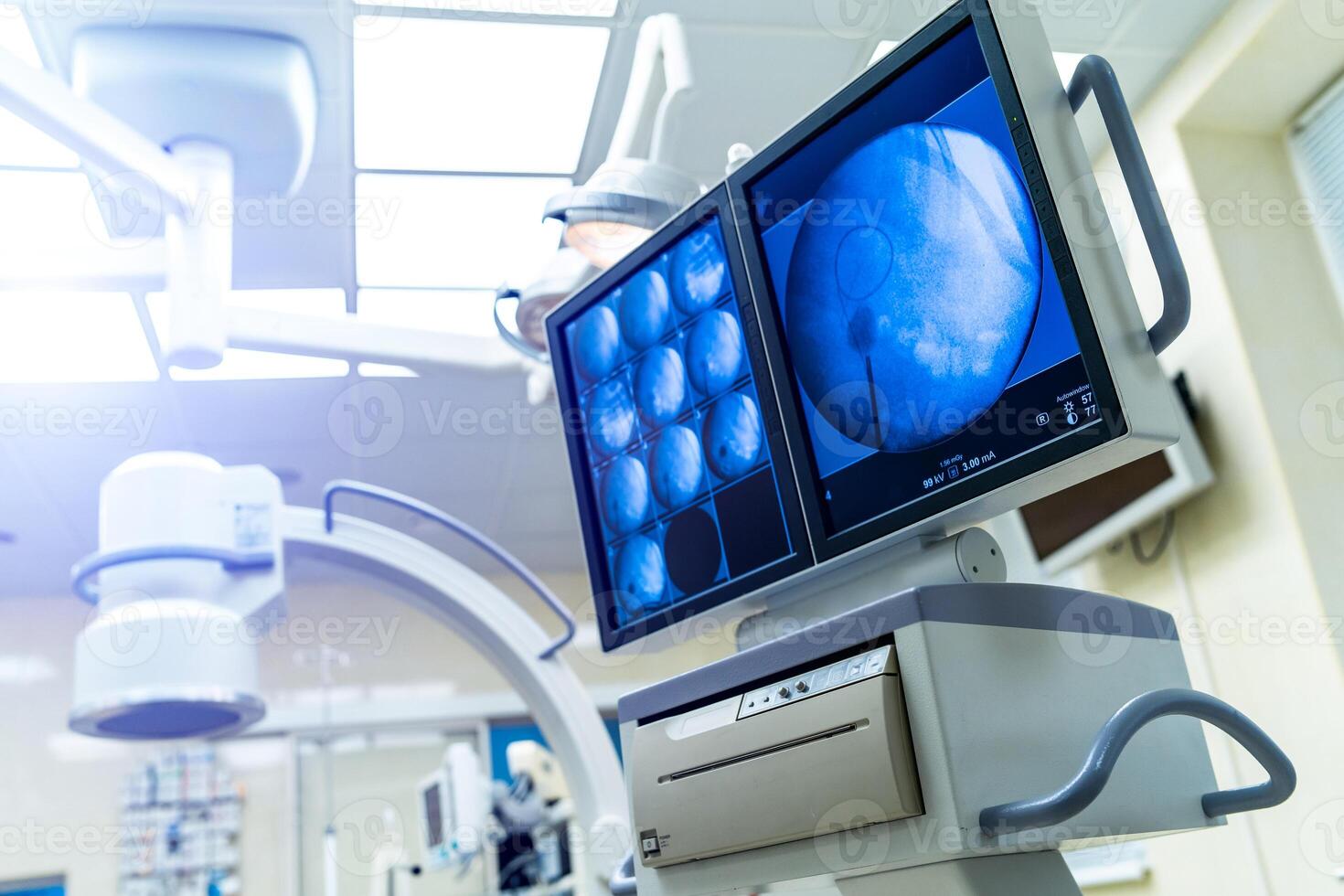 Medical devices, Interior hospital design concept. Interior of operating room in modern clinic, screen with tests closeup photo