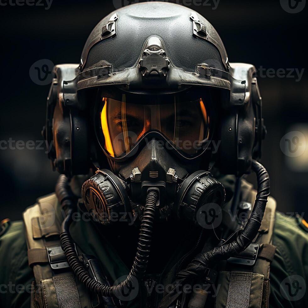 AI generated Realistic image of a military aircraft pilot. Before a combat mission photo