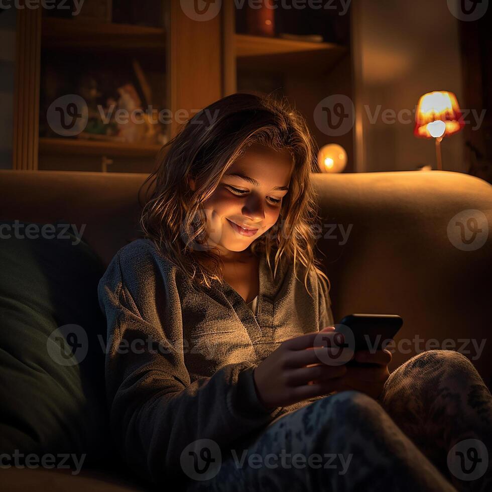 AI generated Photorealistic portrait. A teenage girl secluded herself with her phone on the sofa. Nice chatting photo