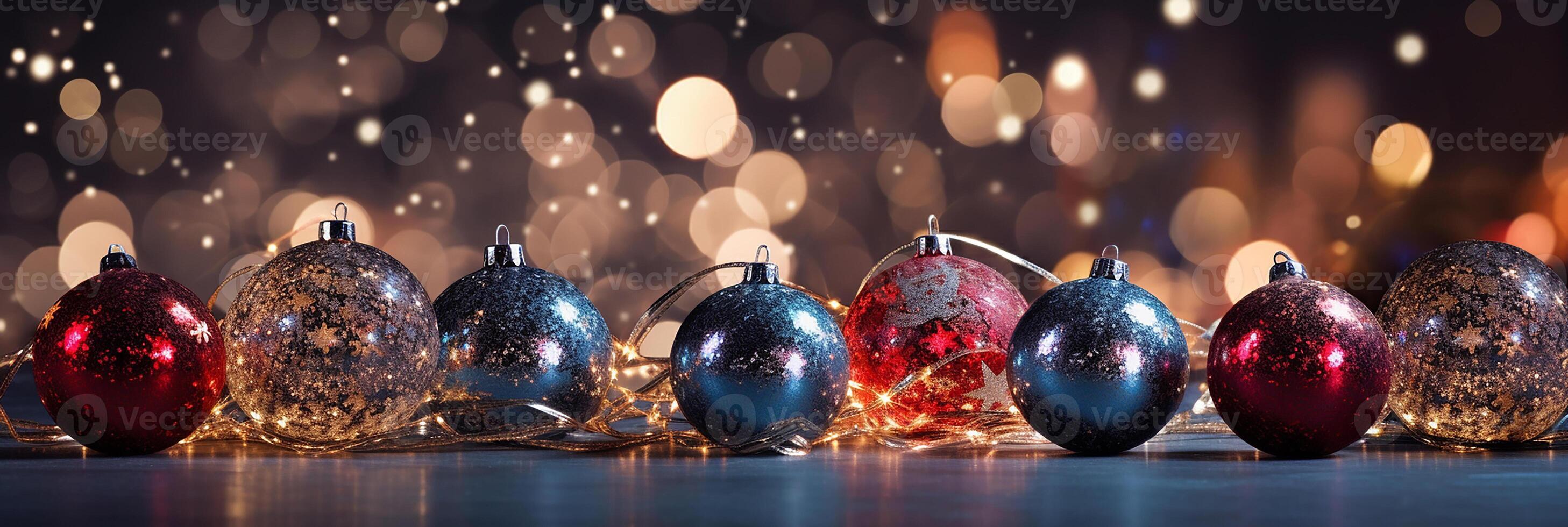 AI generated shiny Christmas balls, Christmas tree decorations on a background of fireworks. festive background for Christmas, New Year. photo