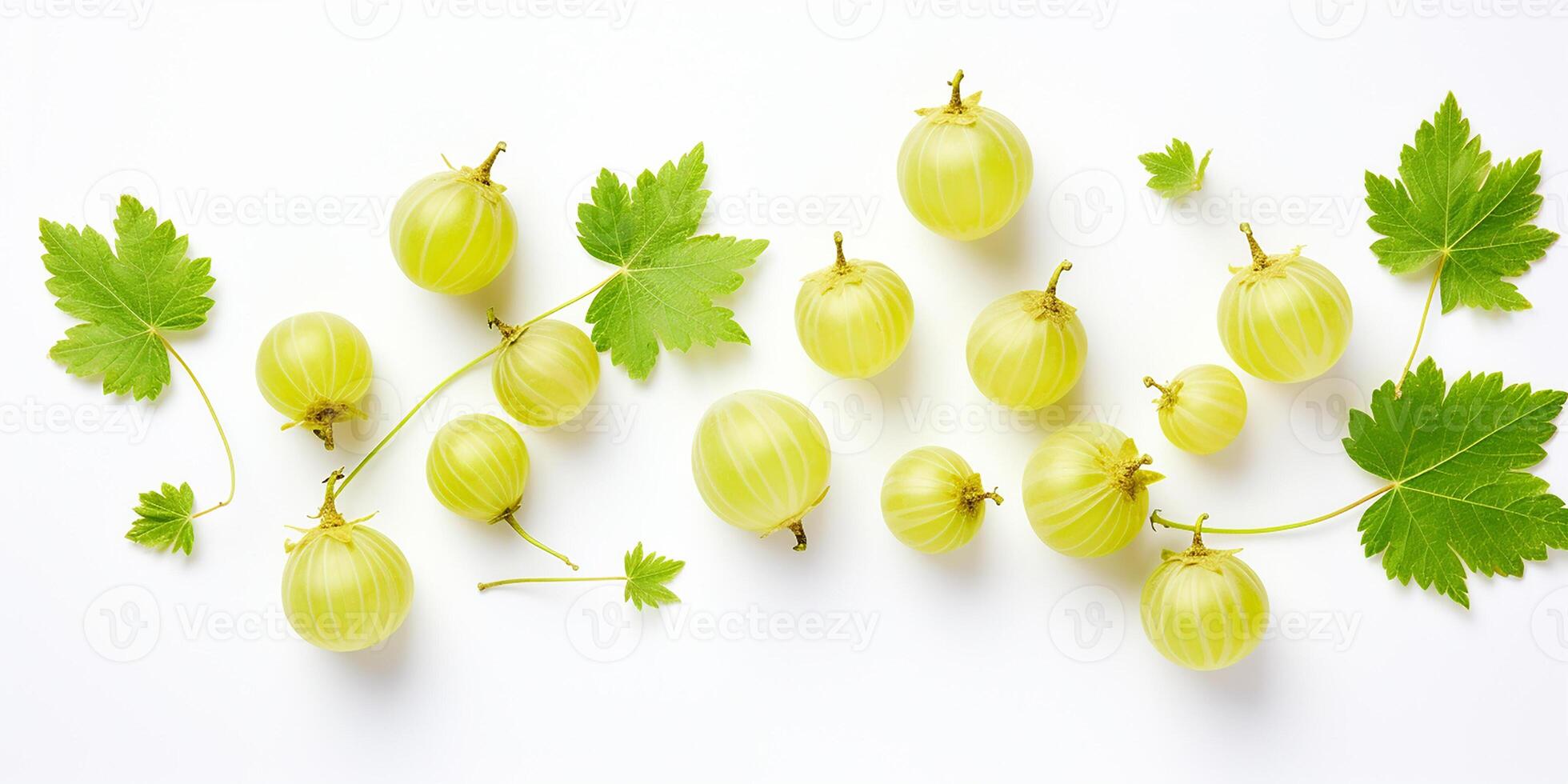 AI generated Frame with fresh gooseberries on a white background with space for text photo