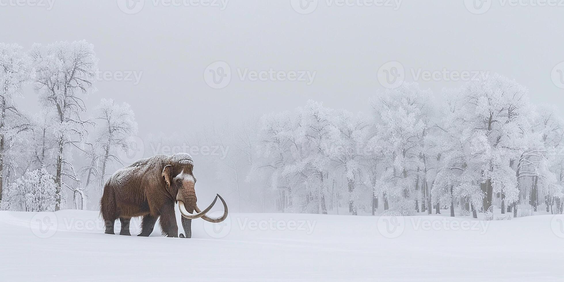 AI generated A woolly mammoth walks through the snowy lands of the Ice Age photo