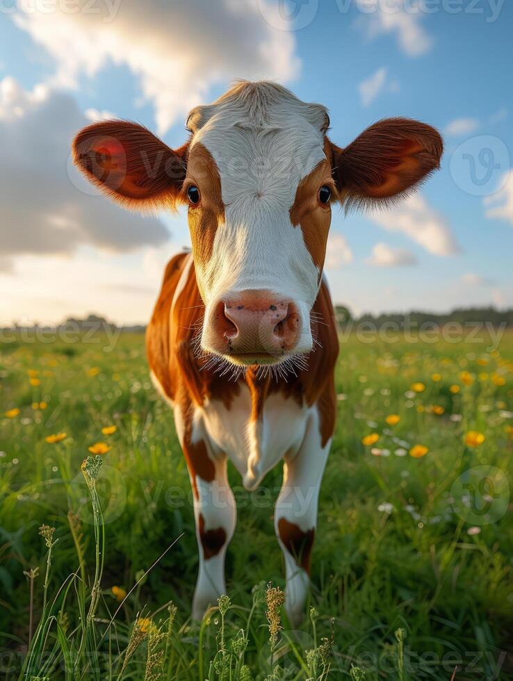 AI generated Curious calf on green meadow during sunset photo