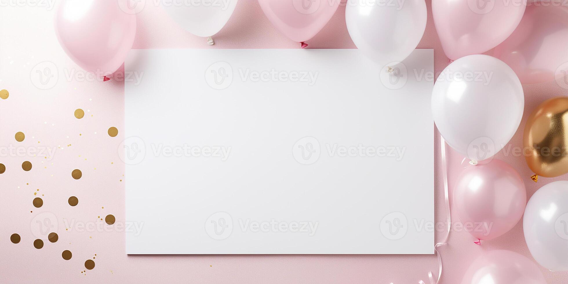 AI generated flat lay birthday card mockup. white sheet on a pink background, with gold sparkles and balloons. space for text photo