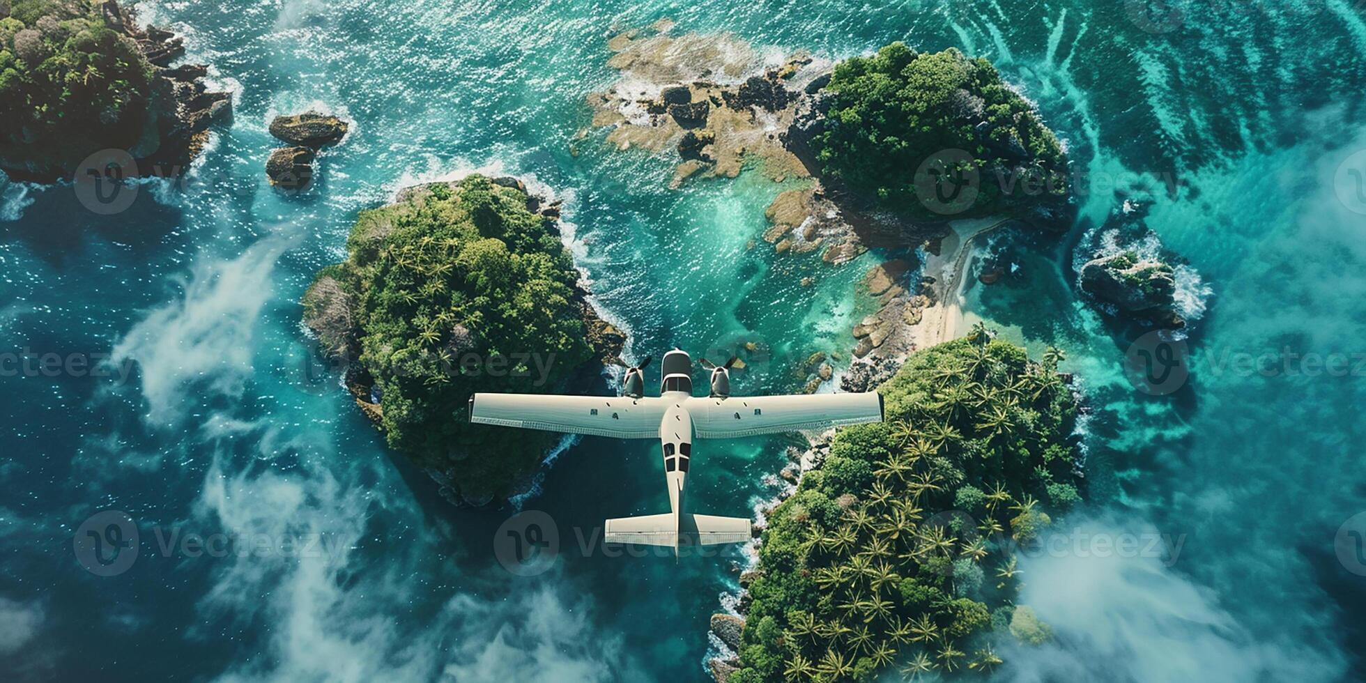 AI generated Top down view of a white plane flying over the blue sea and islands. Vacation concept photo