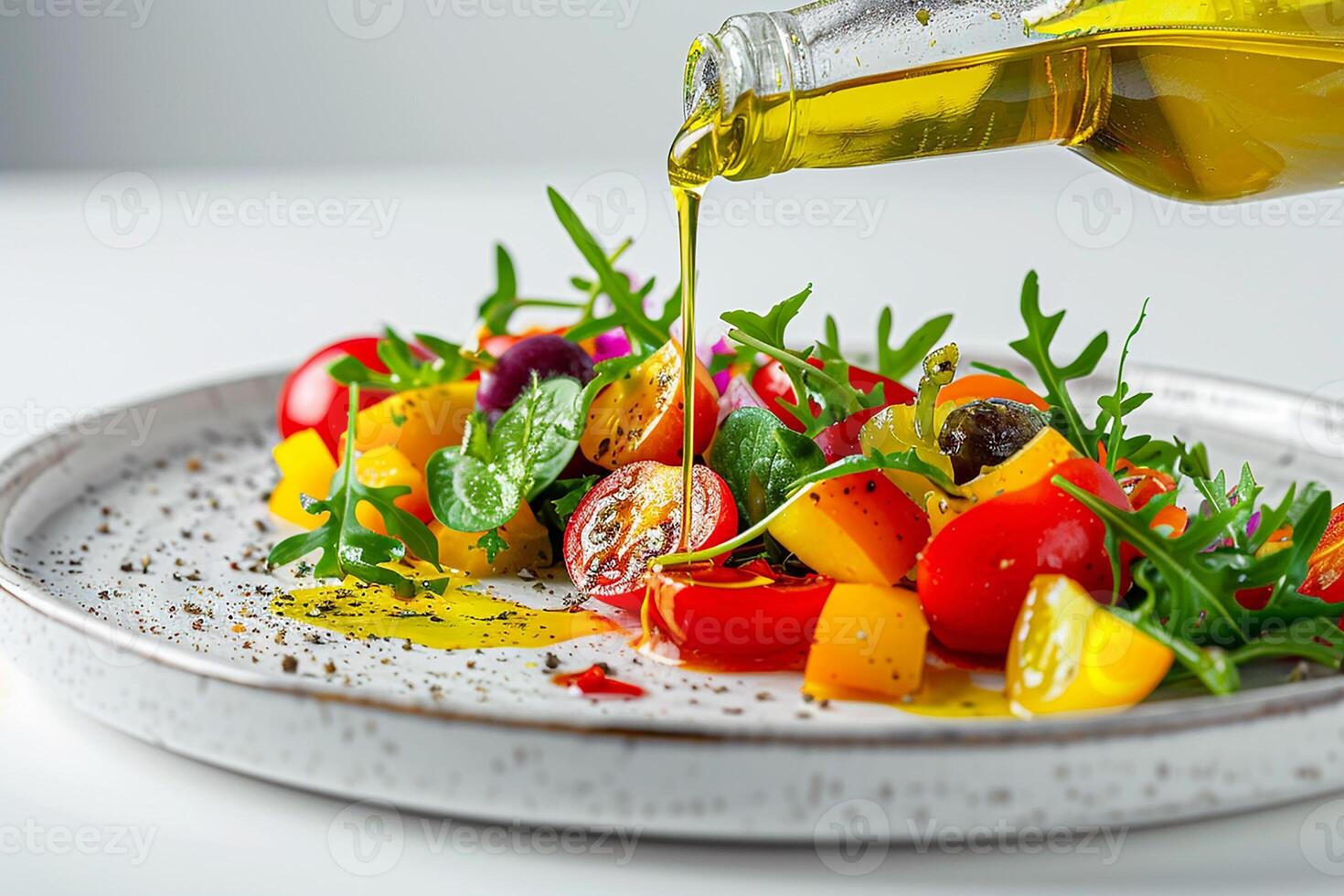 AI generated Close-up of vegetable salad with olive oil pouring photo