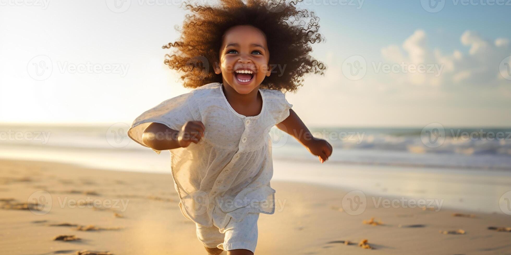 ai generado contento niño jugando en un tropical playa. un niño carreras y obras de teatro en el arena en un familia verano vacaciones. un niño carreras y saltos en el Oceano costa. foto