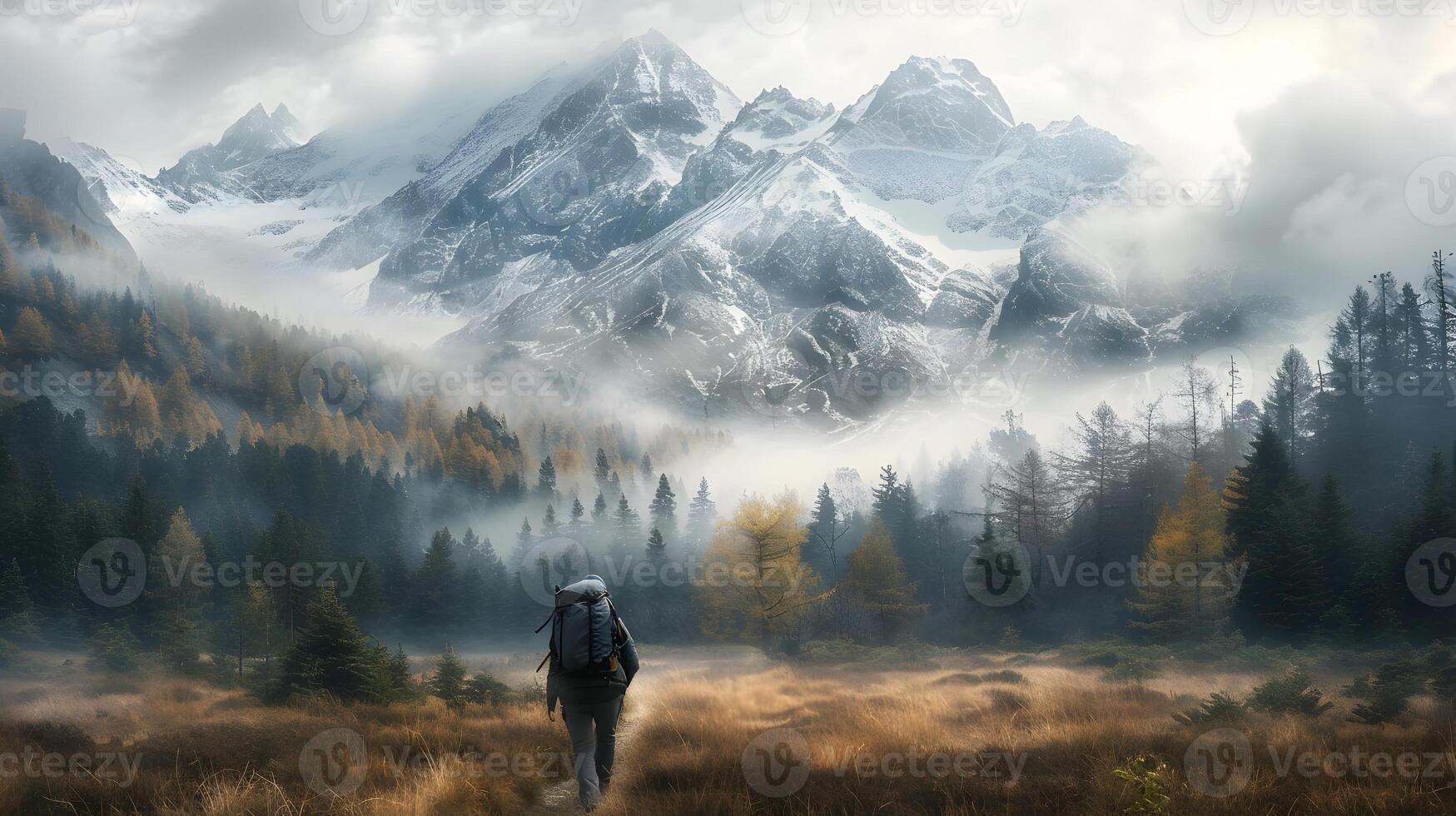 AI generated Solitary Hiker in Misty Autumn Forest amidst Snow-Capped Mountains photo