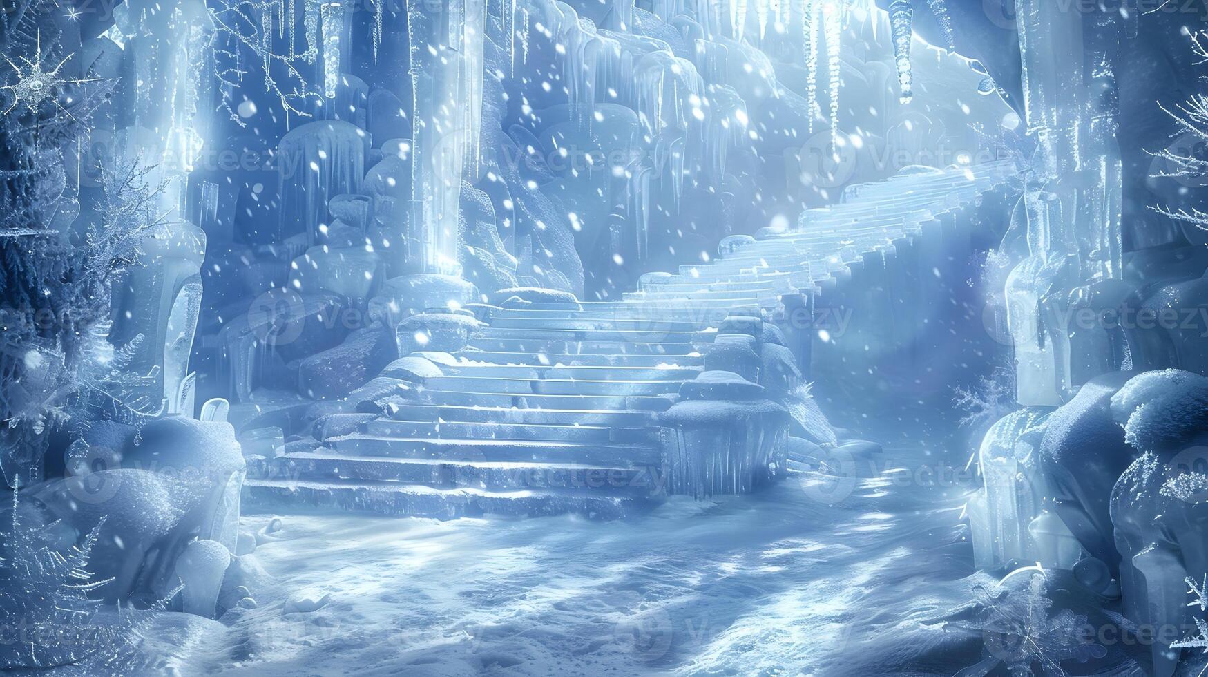 AI generated Frozen Fantasy World Enchanted Temple on Icy Stairs Surrounded by Snowflakes and Icy Crystals photo