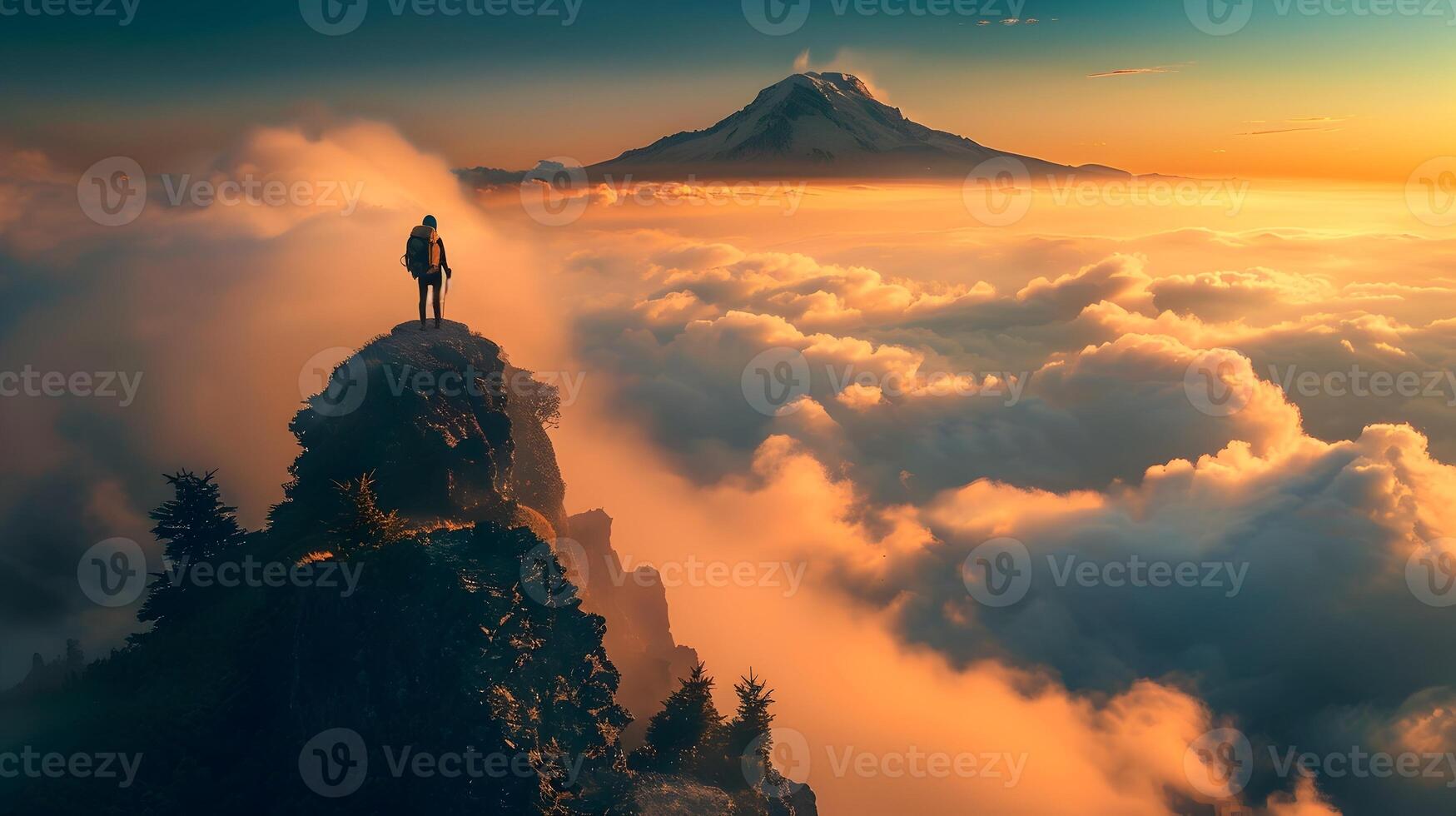 AI generated Backpacker on Mount Rainier Peak Overlooking Sea of Clouds at Dawn photo