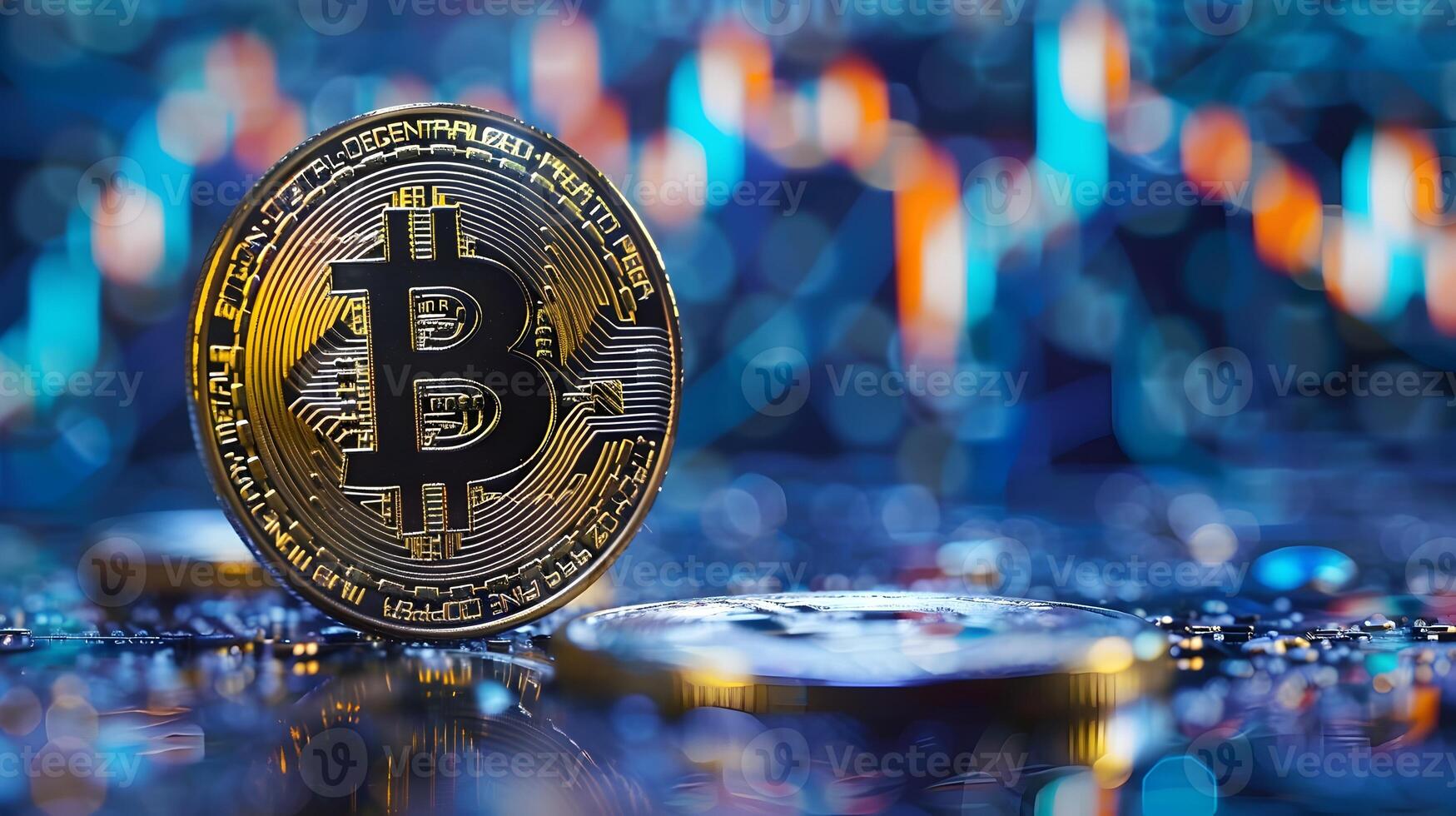 AI generated Bold AI-Generated Illustration of Bitcoin as a Groundbreaking Digital Currency on a Blue Backdrop with Futuristic Cyber Representations photo