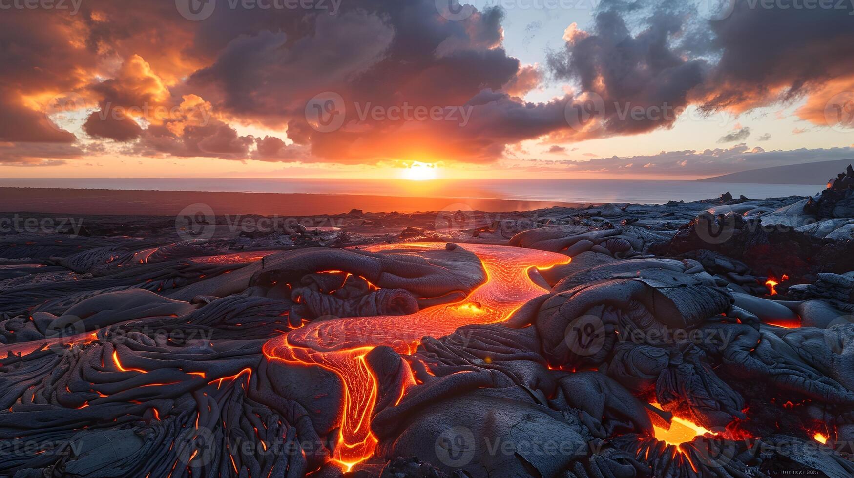 AI generated Lava Flows at Sunset in Hawaii Volcanoes National Park, Capturing the Transition from Day to Night in a Dramatic and Breathtaking Display of Power photo