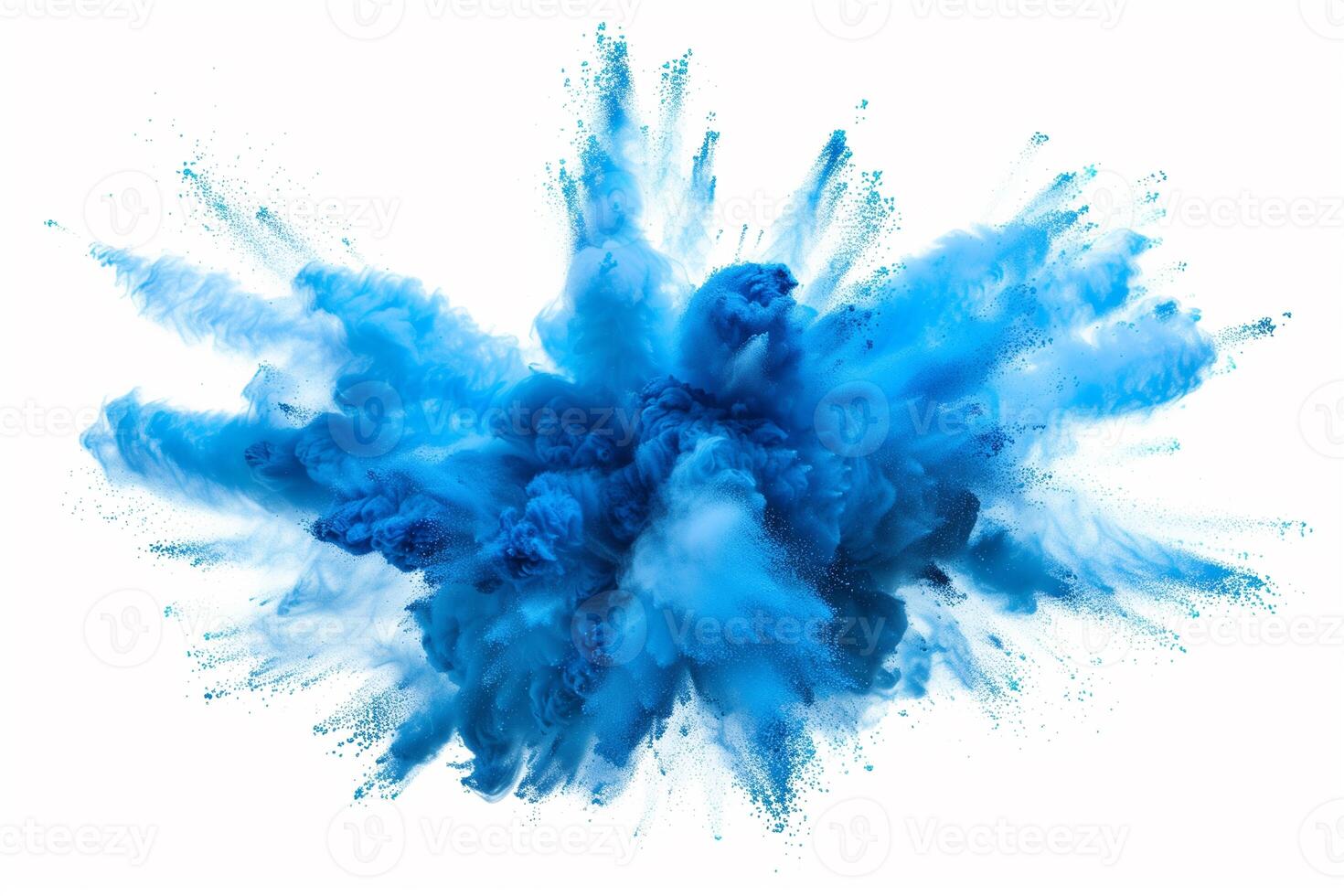 AI generated A dynamic and vibrant explosion of blue powder creating an abstract cloud, isolated on a white background, evoking a sense of motion and energy. photo