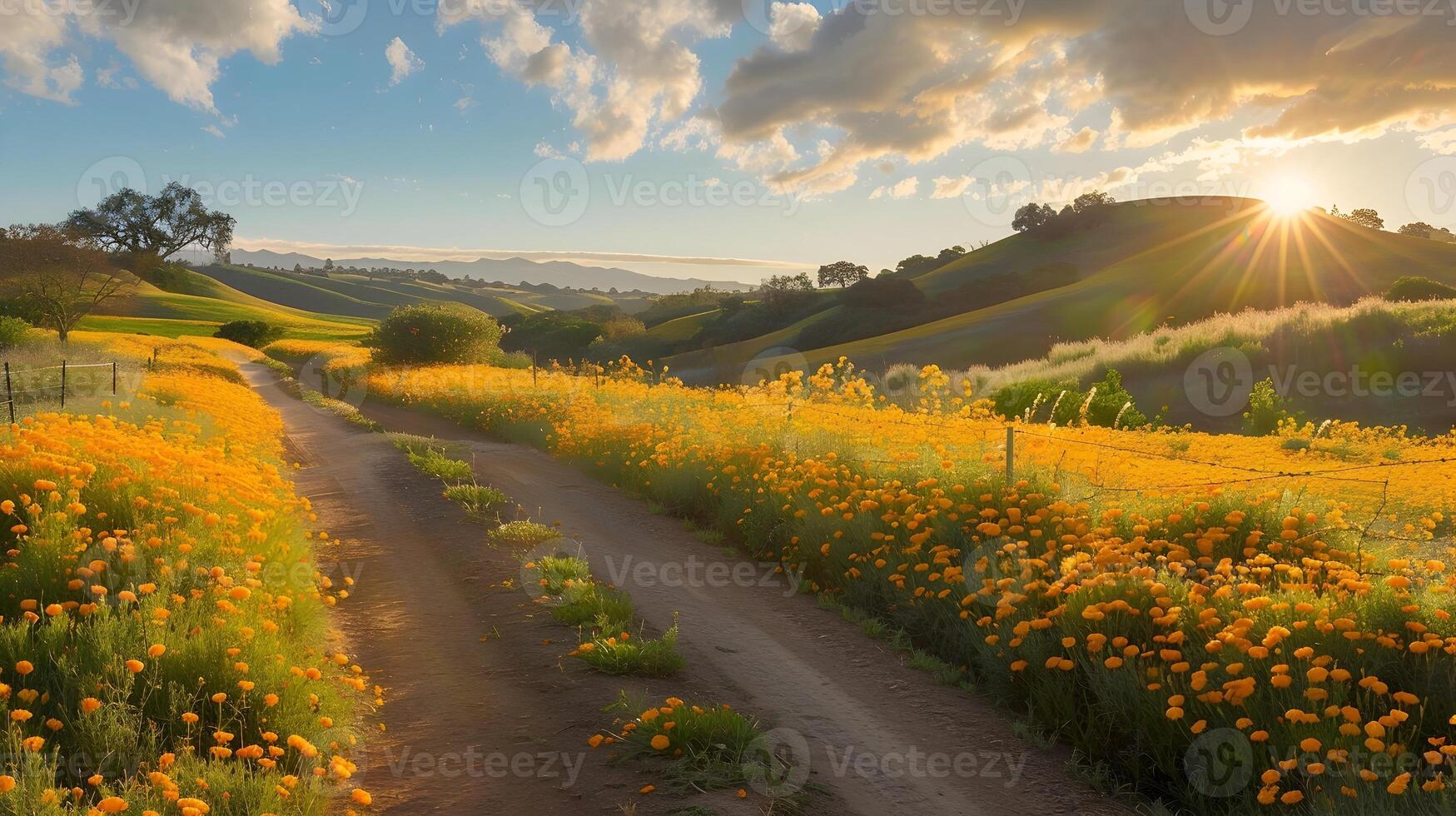 AI generated Dirt Road Winding Through Rolling Hills Covered in Vibrant Wildflowers at Golden Hour photo