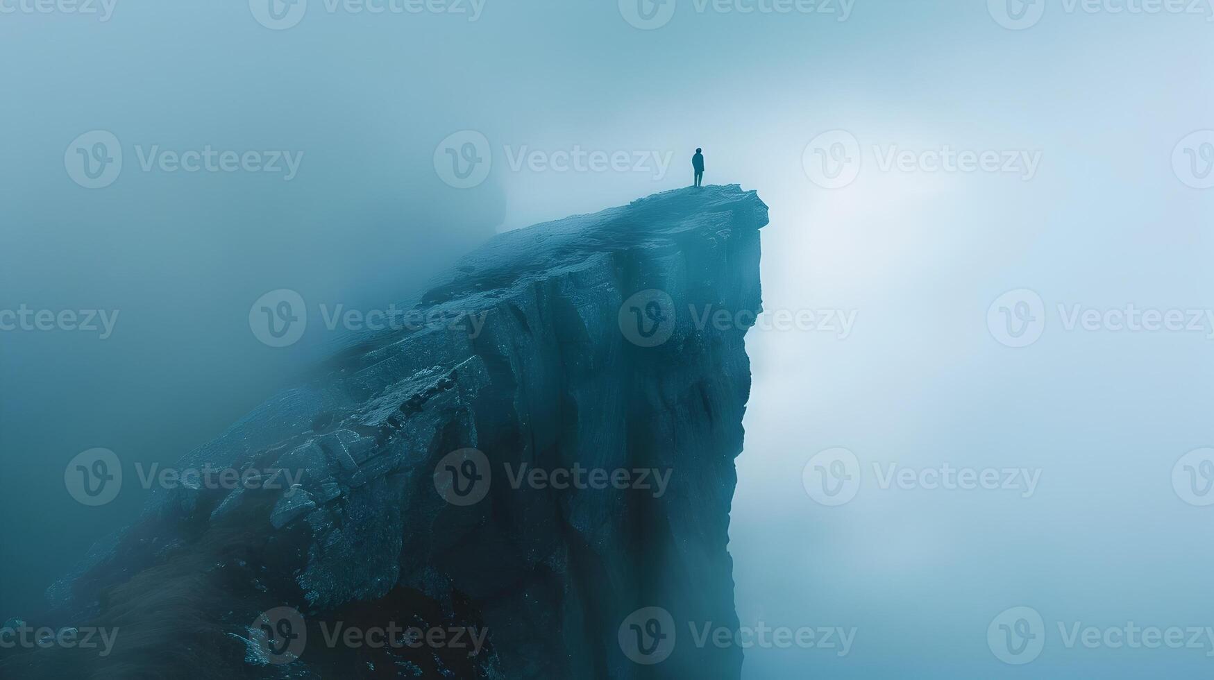 AI generated Solitary Explorer on Fog-Shrouded Cliff Overlooking Vast Ocean at Sunrise photo