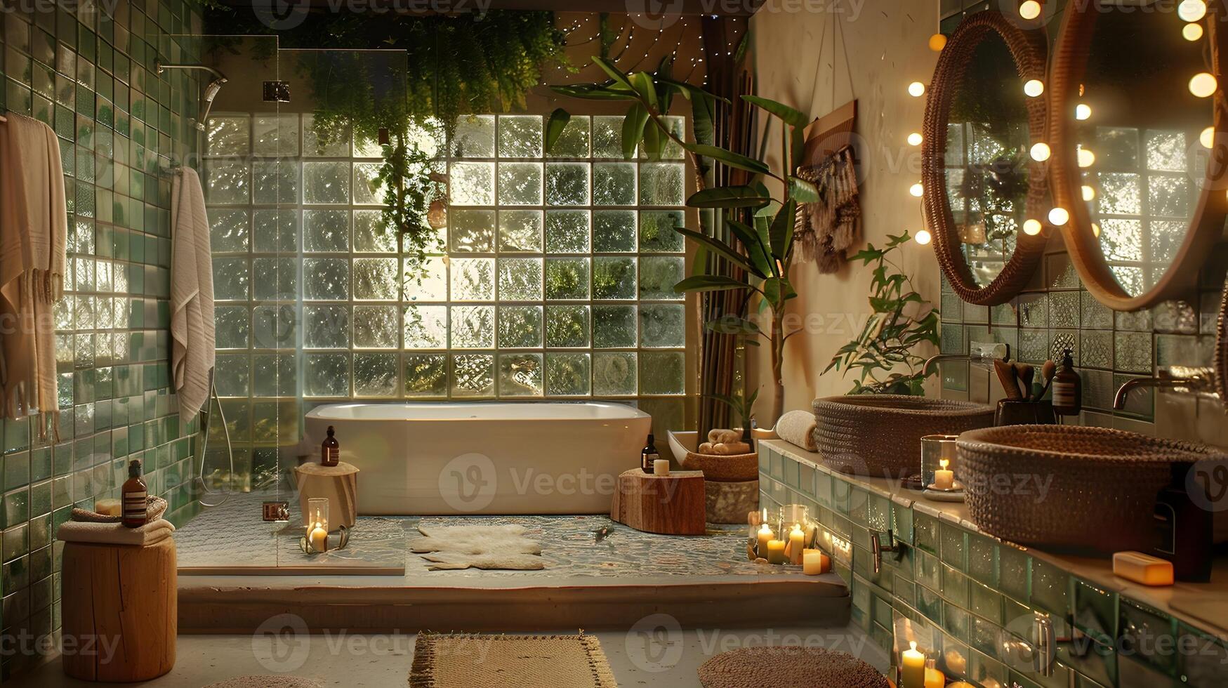 AI generated Bohemian Bathroom Escape with Green Tiles, Glass Blocks, and Cozy Fairy Lights photo