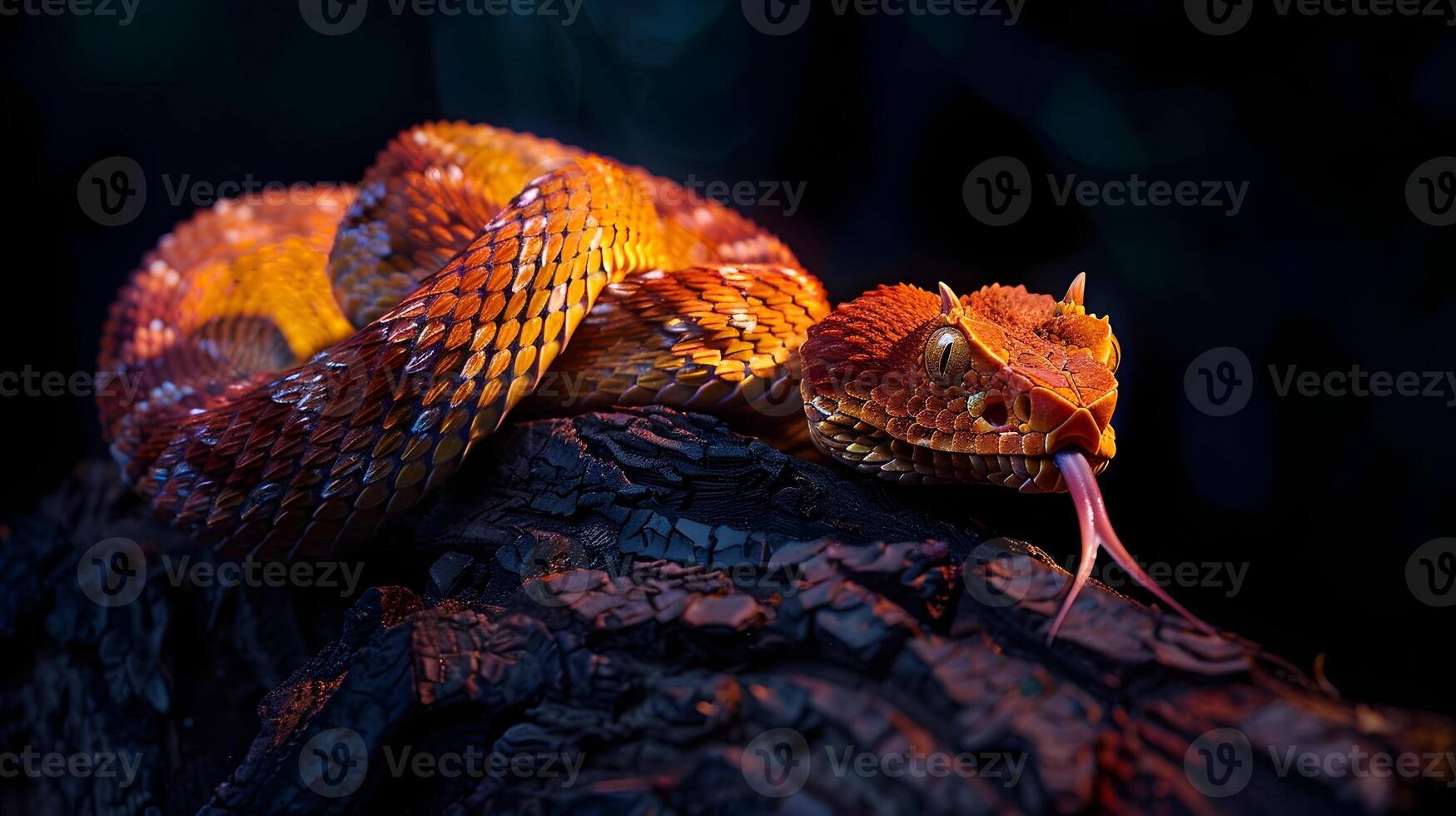 ai generado ardiente rojo con cuernos víbora enroscado alrededor carbonizado tocón un sorprendentes representación de íntimo fauna silvestre momento en ardiente matices foto