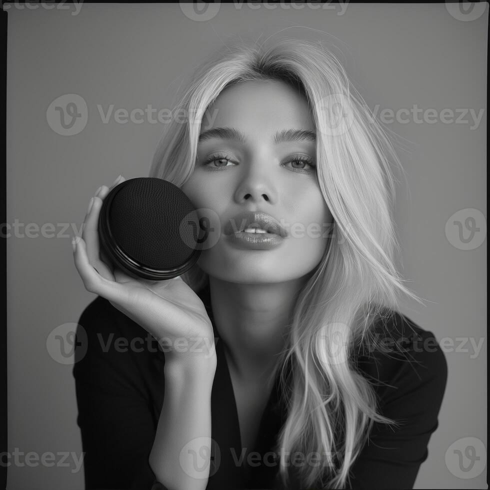 AI generated Black and white portrait of a beautiful blonde girl in a black jacket, mockup photo