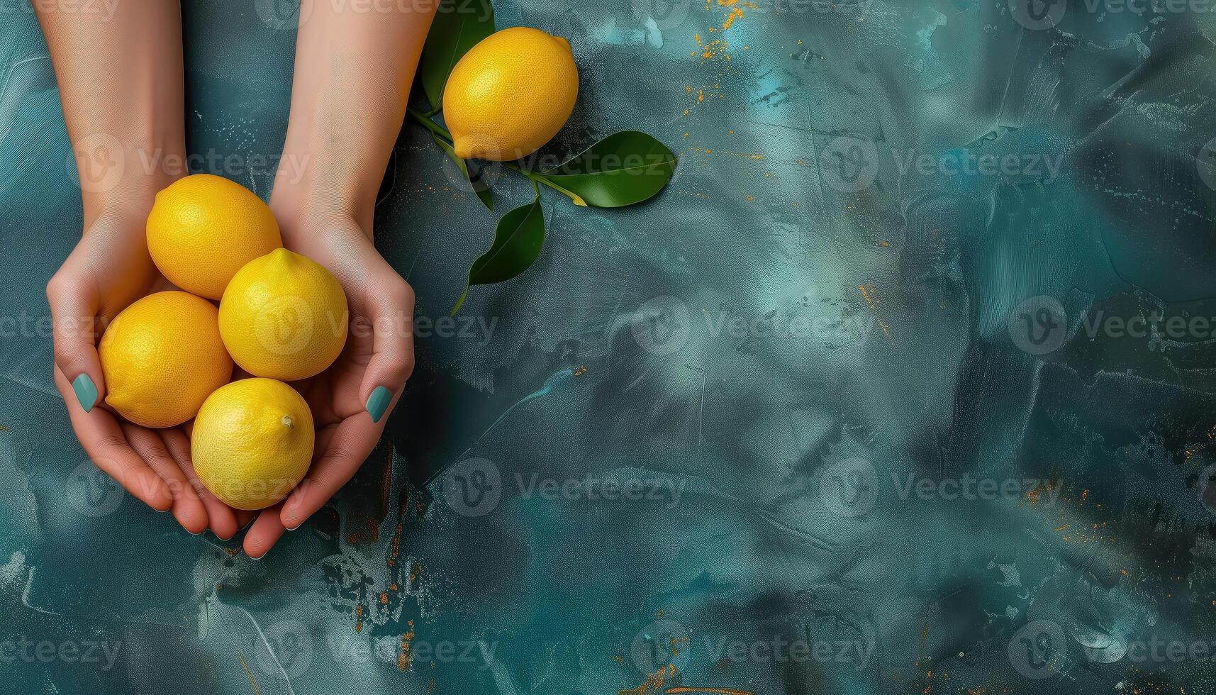 AI generated Female hands hold lemons on a green background. Top view. Top view with copy space, wallpaper, pattern photo