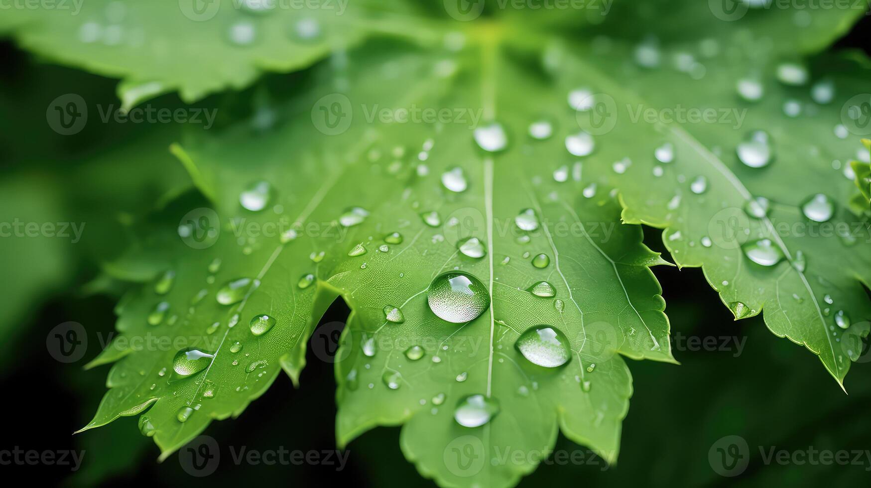 AI generated Green leaf with water drops close-up. Shallow depth of field. photo