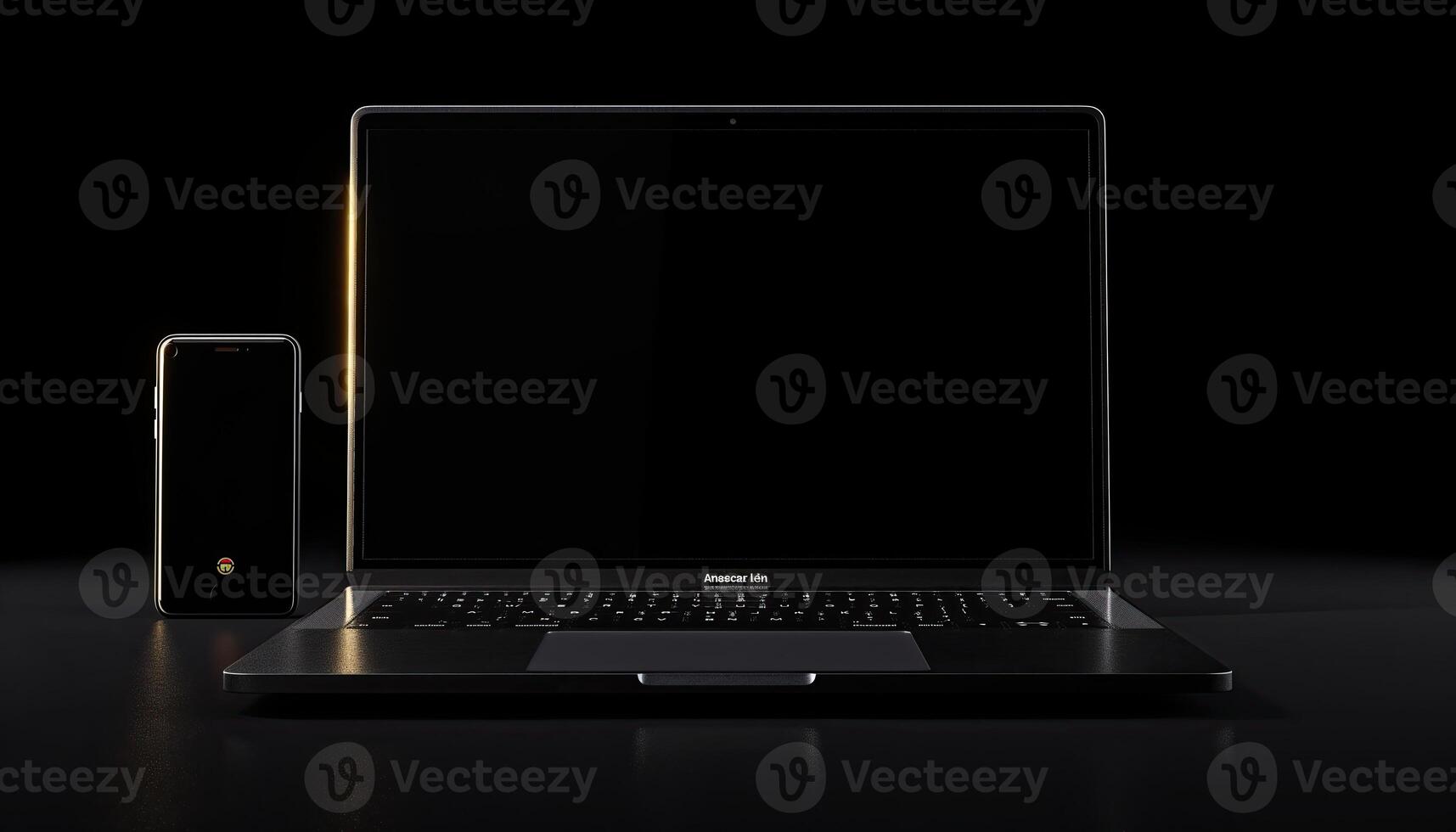 AI generated Laptop with blank screen and smartphone on black background. 3d rendering photo