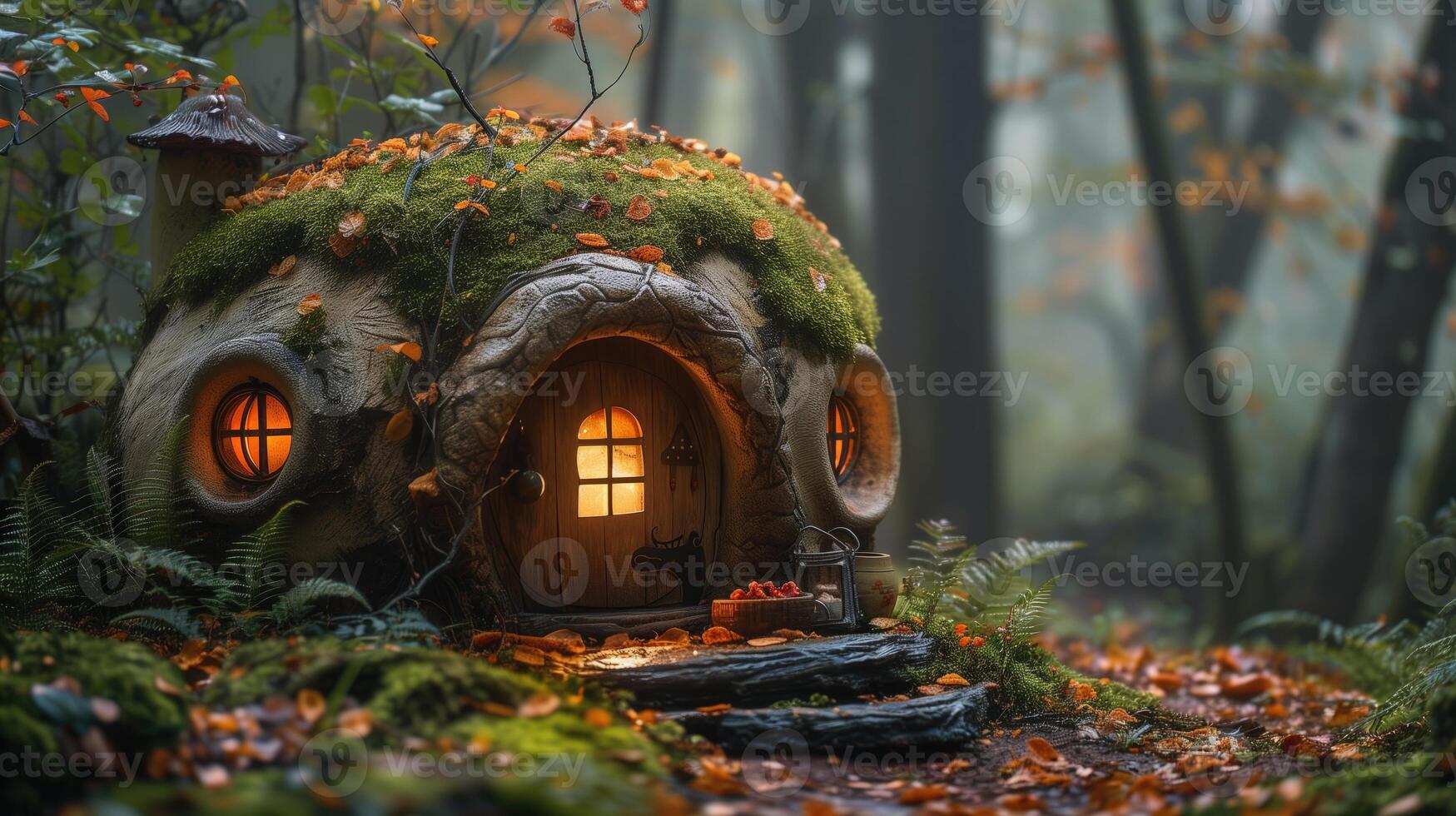 AI generated Little wooden house in the forest. Halloween concept. Fairy tale. photo