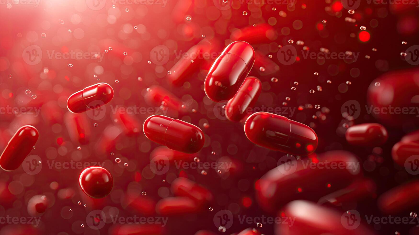 AI generated 3d rendering of red pills floating on red background. Medicine and healthcare concept photo