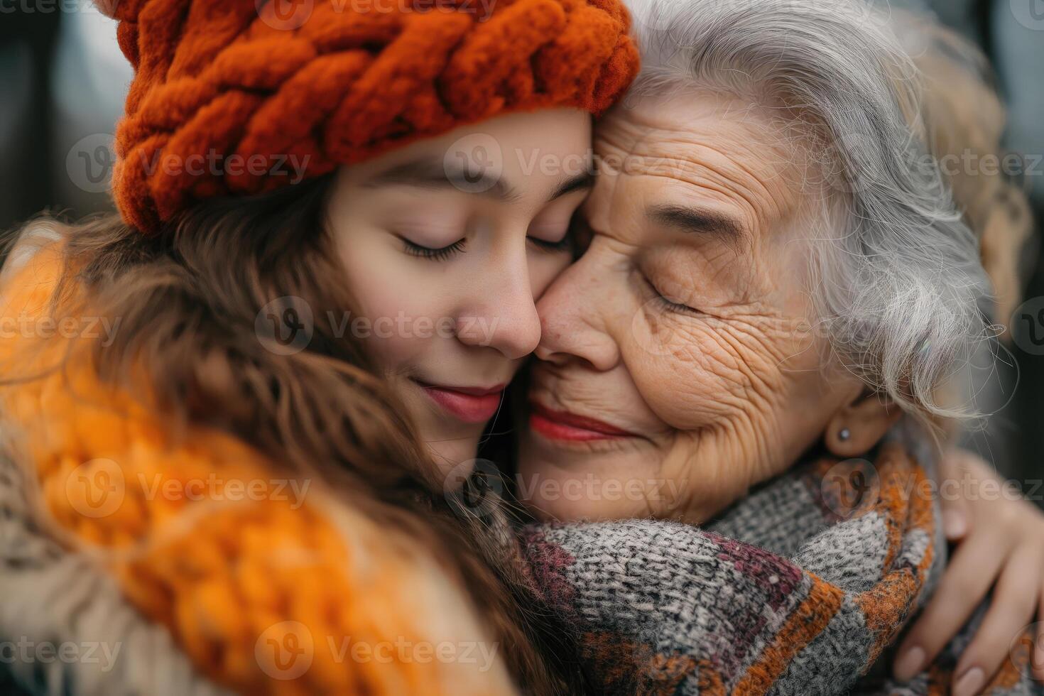 AI generated Grandmother and granddaughter in knitted hats and scarves hugging each other. Mother's day photo
