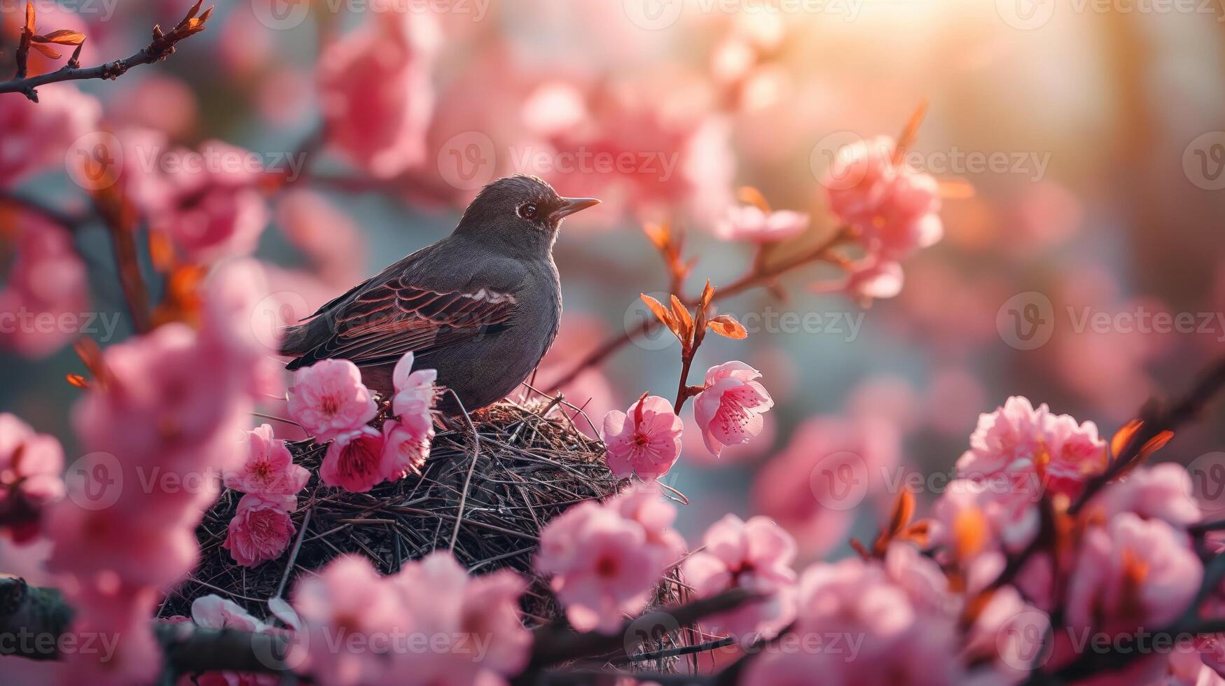 AI generated Bird on a branch of a blossoming sakura in spring. photo