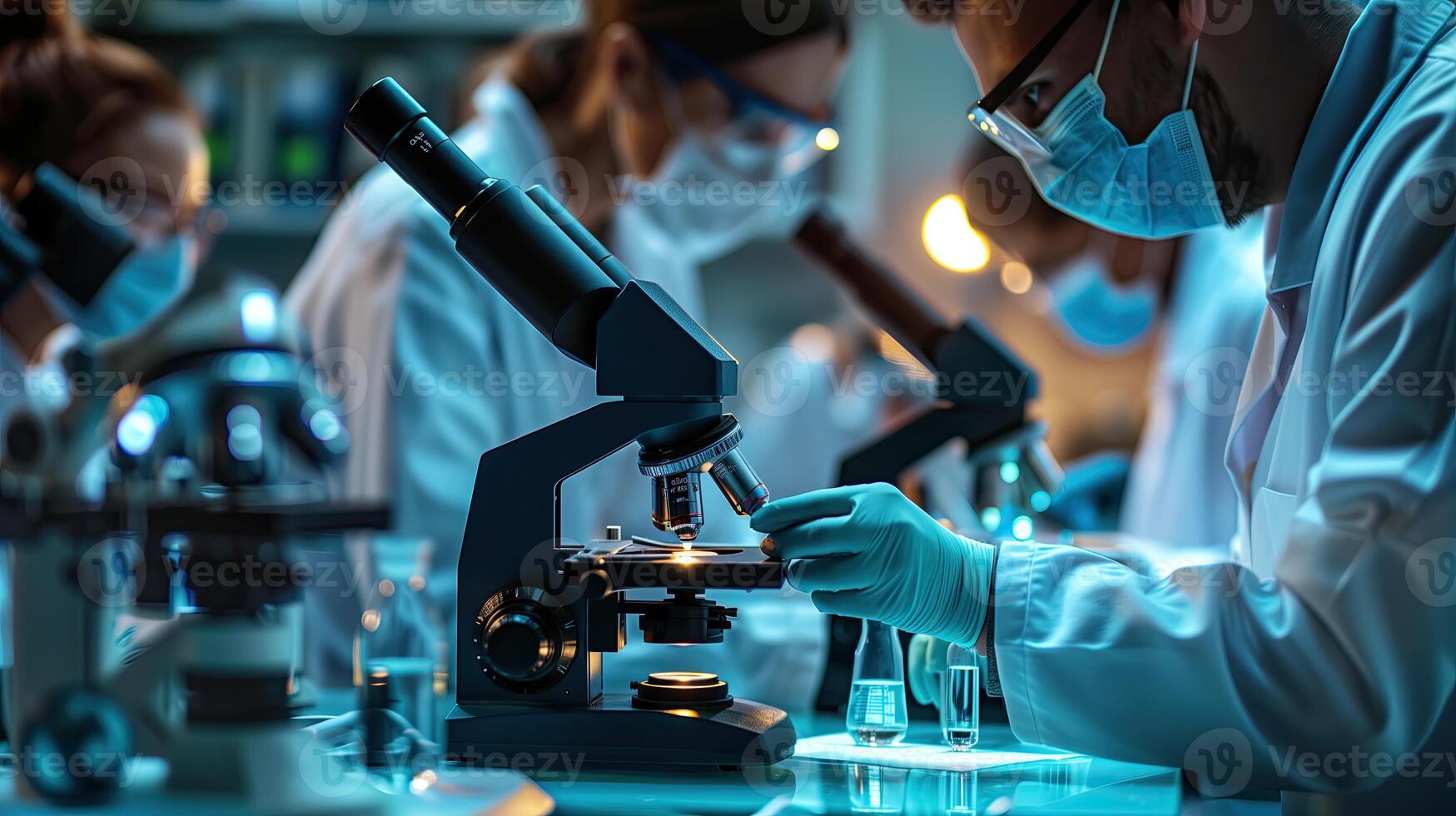 ai generado científico trabajando con microscopio en laboratorio. médico investigación y desarrollo concepto foto