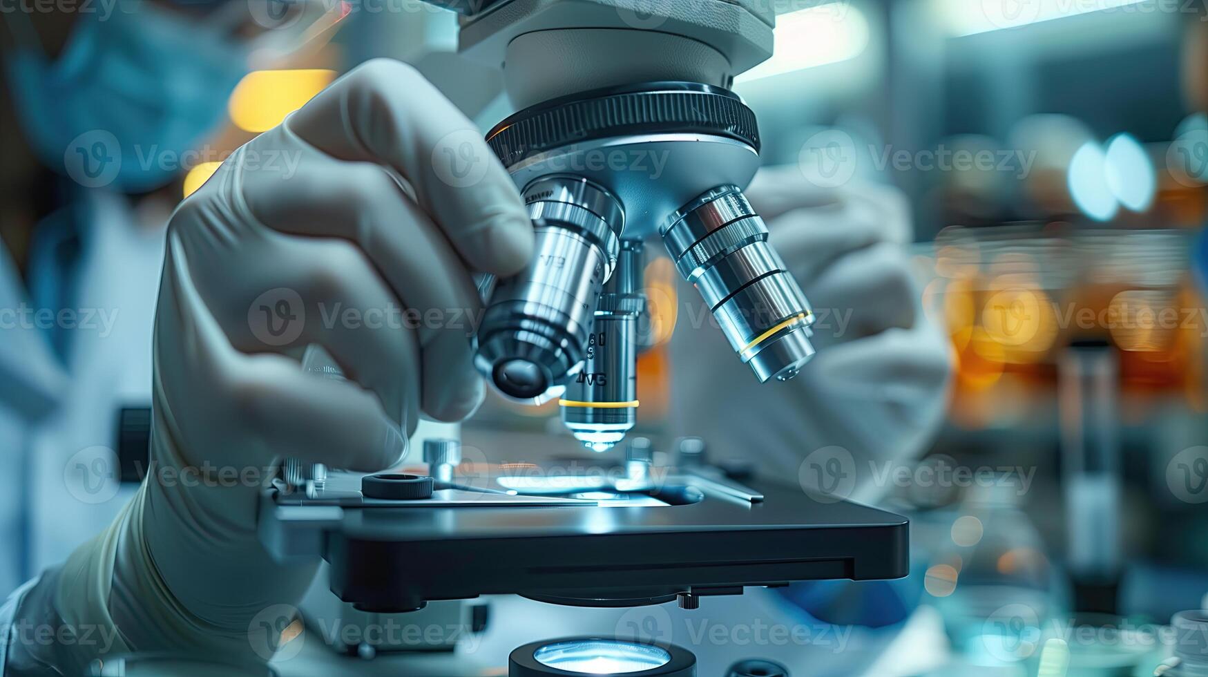 AI generated Scientist working with microscope in laboratory, closeup. Science, chemistry, biology, medicine and people concept photo