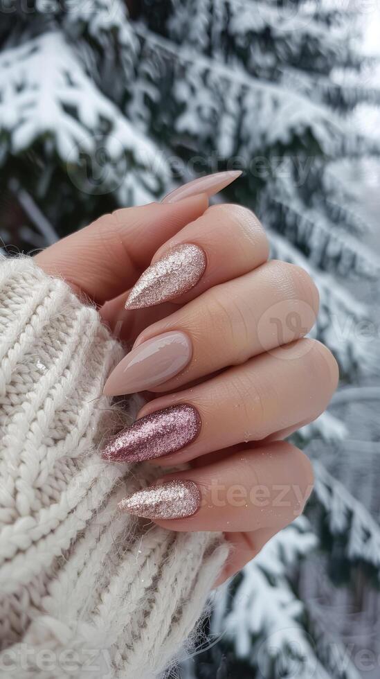 ai generado hembra mano con Brillantina uña diseño. Brillantina plata uña polaco manicura. mujer mano con invierno manicura. foto