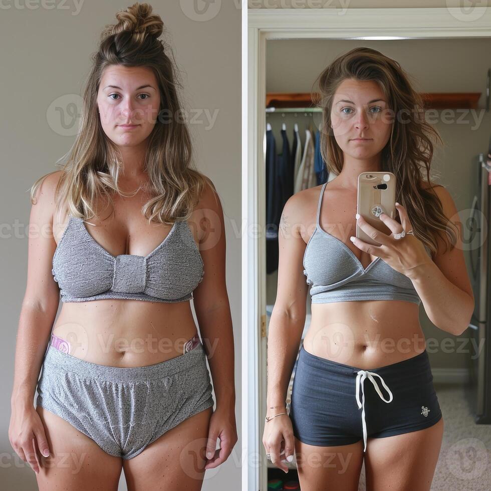 AI generated Fat woman before and after weight loss. Before and after weight loss. photo