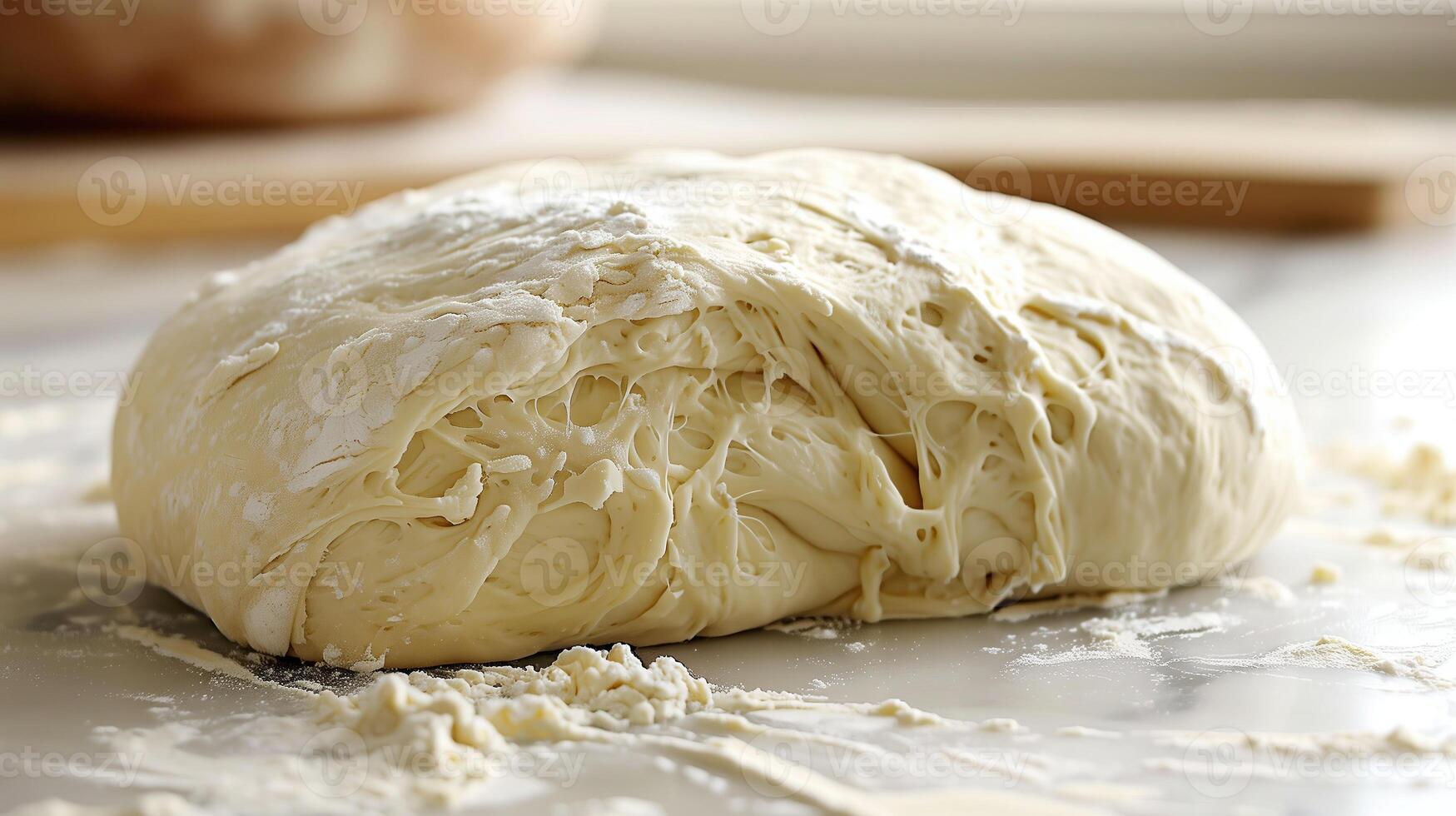 AI generated Raw dough and rolling pin on table, closeup. Food preparation photo