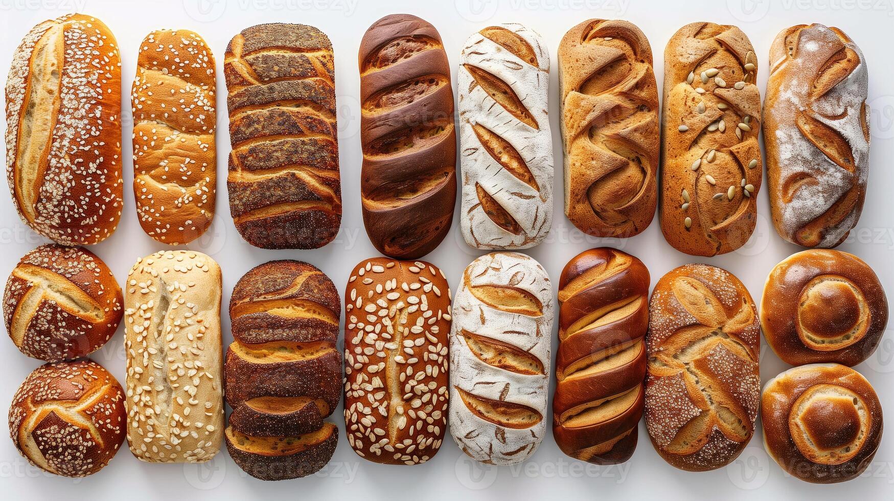 AI generated Different types of bread on a white background. Bakery products. photo