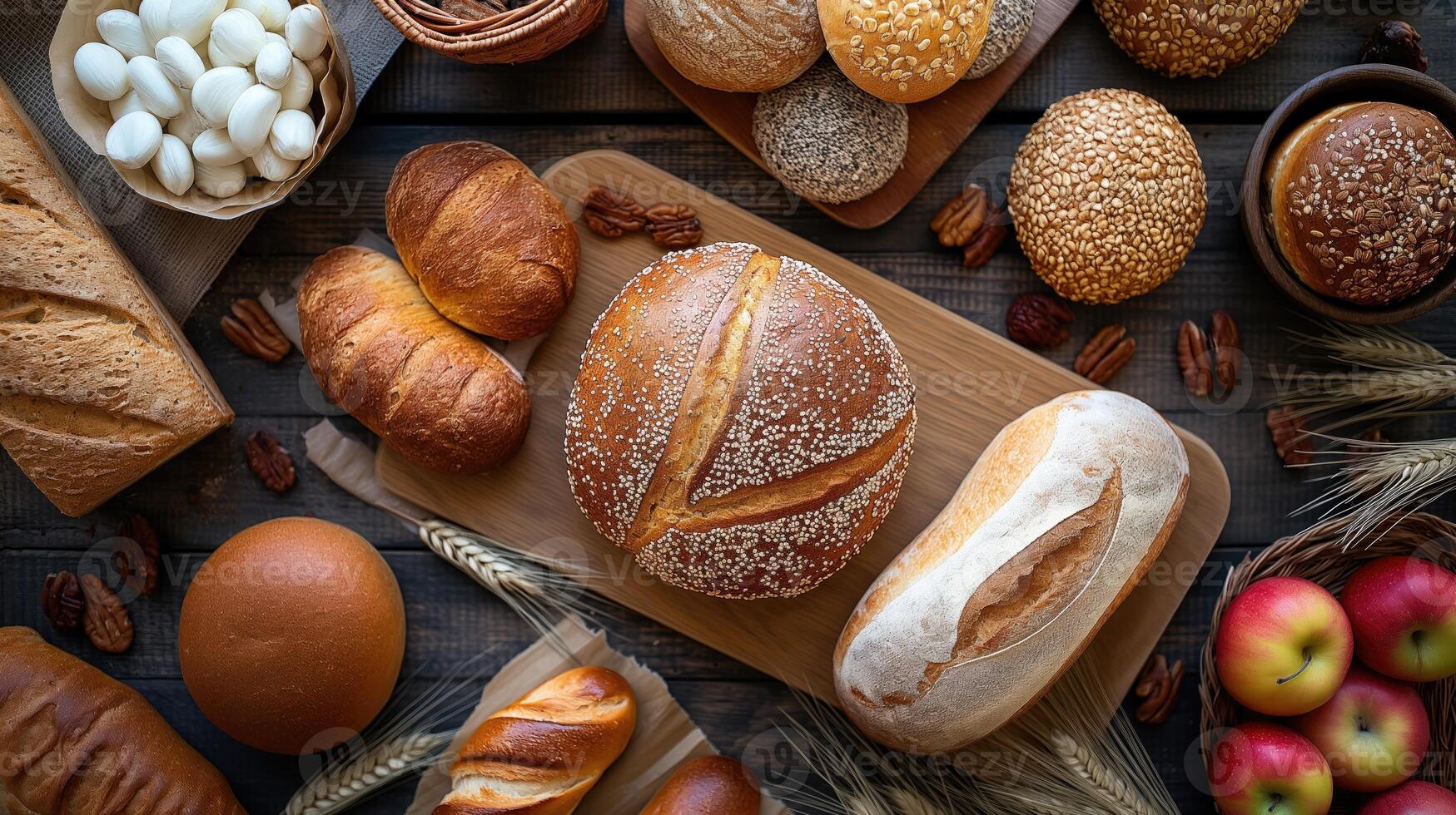 AI generated Bakery products on wooden background. Fresh bread, buns, rolls, croissants, apples and marshmallows photo