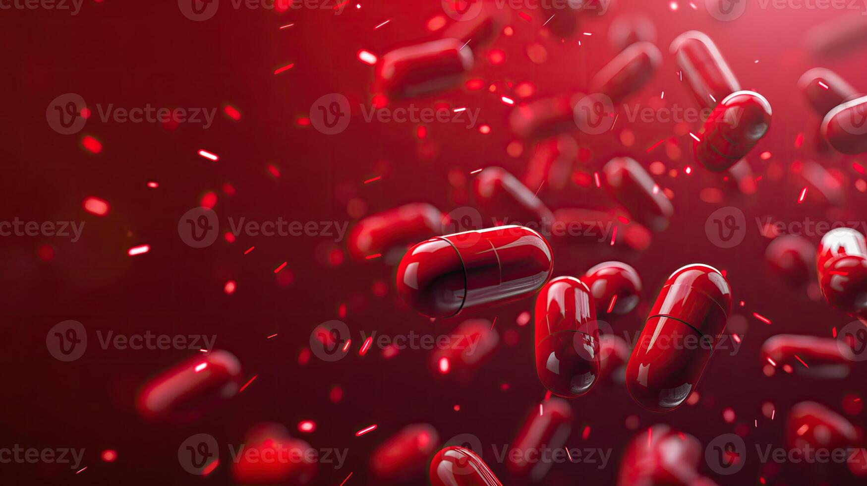 AI generated 3d rendering of red pills floating on red background. Medicine and healthcare concept photo