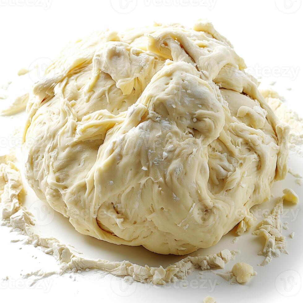 AI generated Raw dough and rolling pin on table, closeup. Food preparation photo