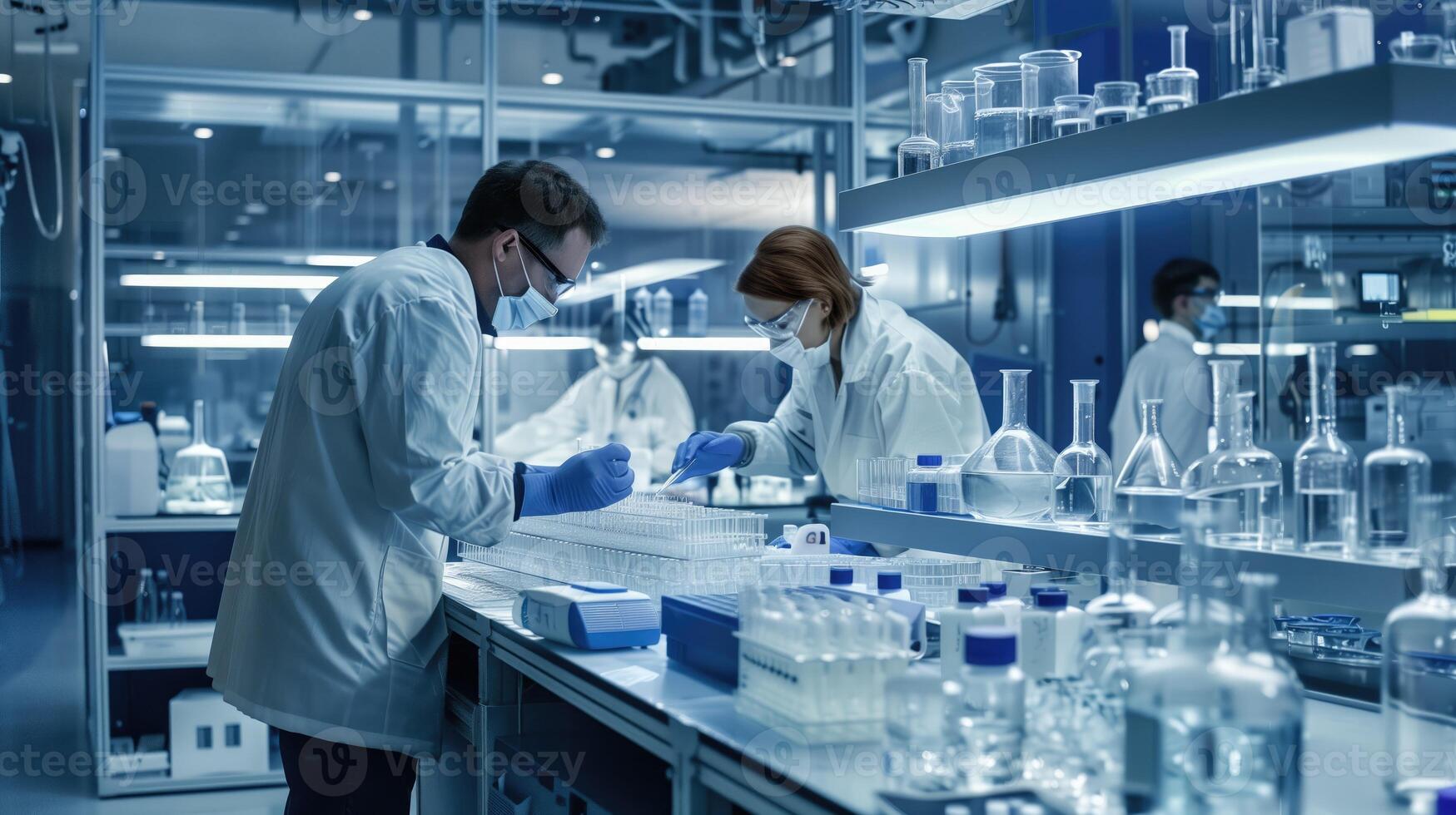 ai generado dos científicos trabajando en un laboratorio, que lleva fuera científico investigación y desarrollo foto