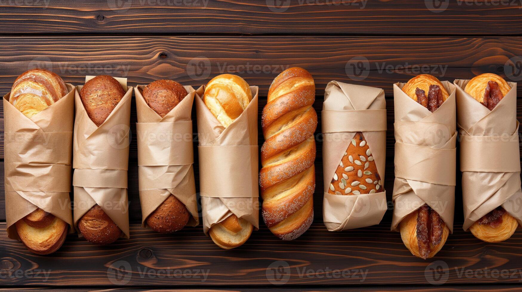 AI generated Assortment of fresh bread in paper bags on wooden background, top view photo
