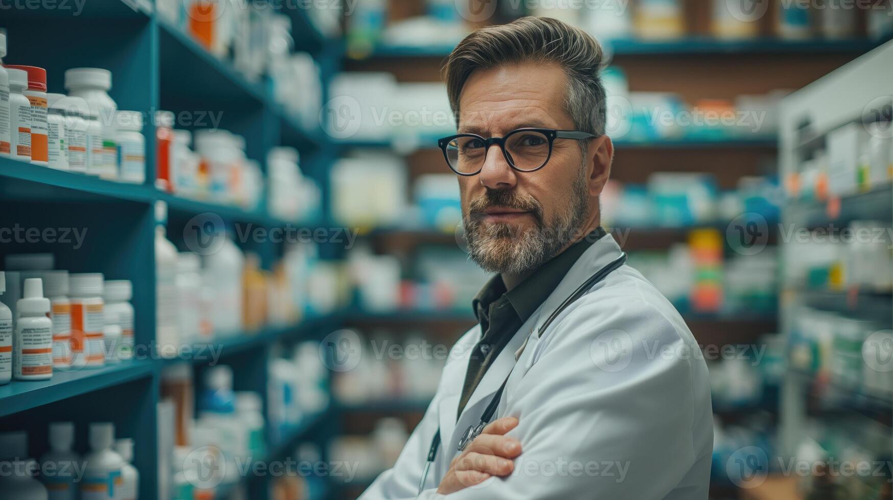 ai generado retrato de maduro masculino farmacéutico en pie con brazos cruzado en farmacia foto