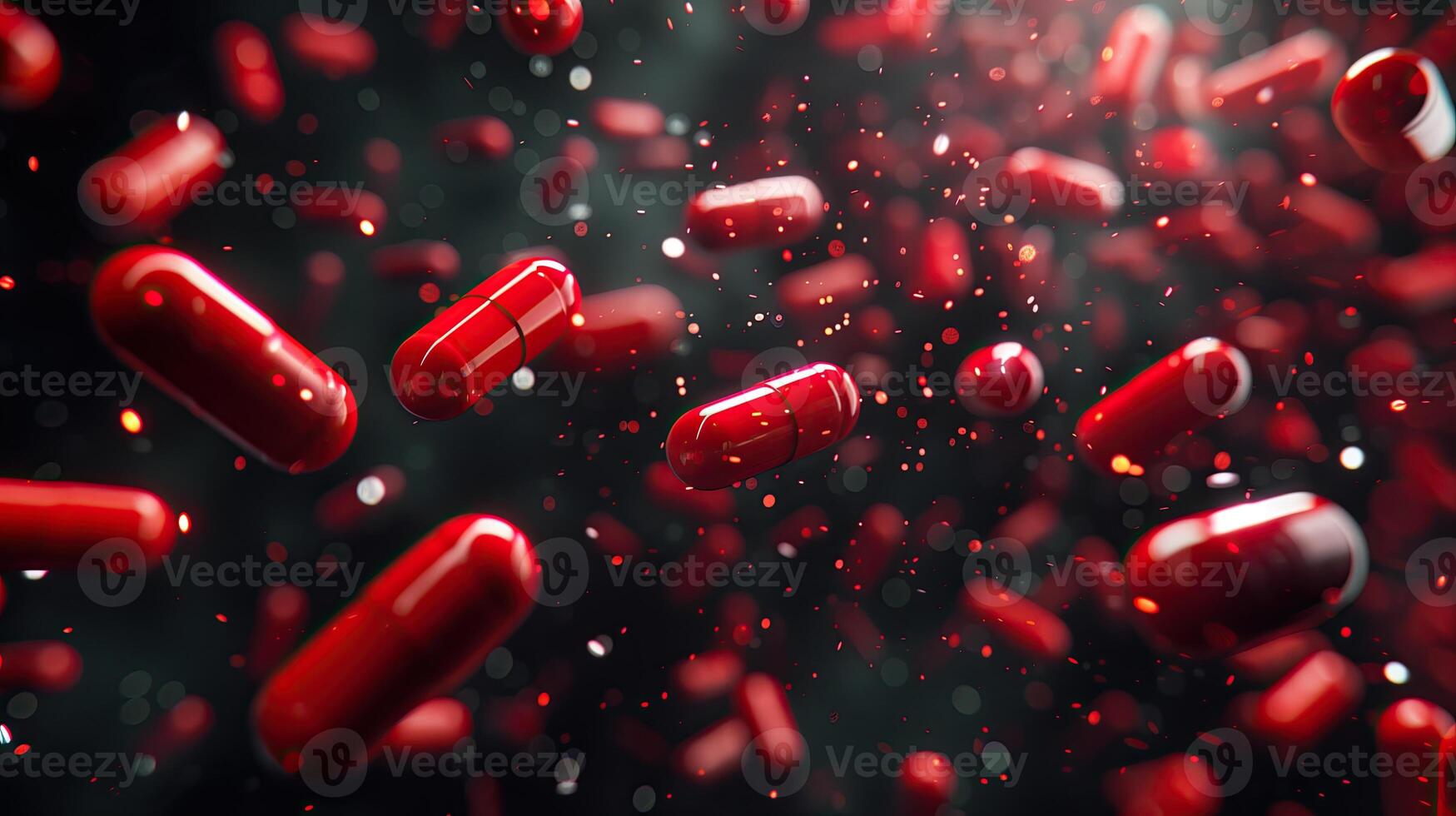 AI generated 3d rendering of red pills floating on black background. Medicine and healthcare concept photo