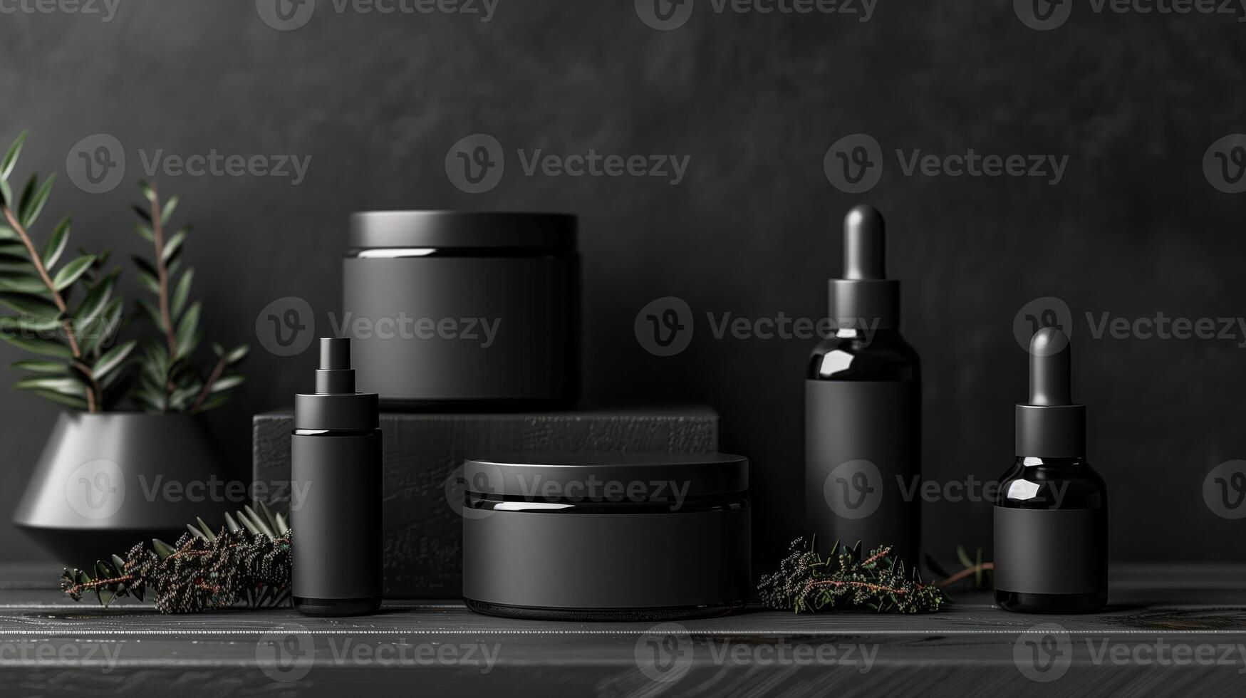 AI generated Mockup of black cosmetic bottles on dark background. 3d rendering photo