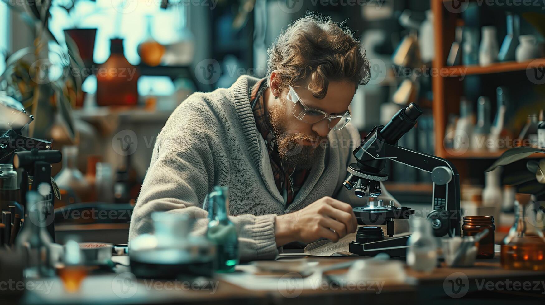 AI generated Serious male scientist looking through microscope while working in the laboratory. photo